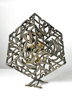 Brutalist Geometric Welded Metal Sculpture, Abstract Cube Steel and Brass 1960s
