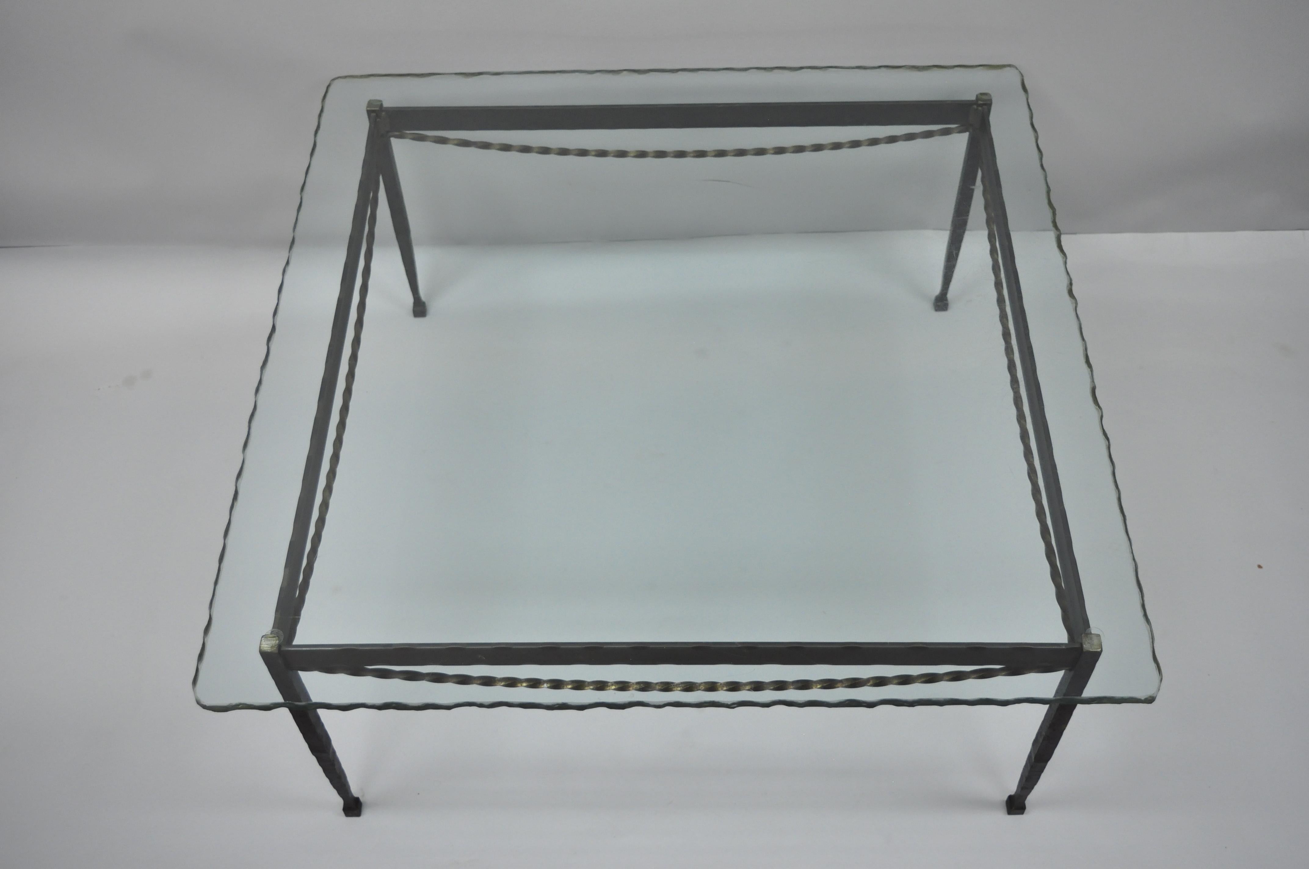 Brutalist Giacometti Style Forged Iron and Rippled Glass Square Coffee Table 3