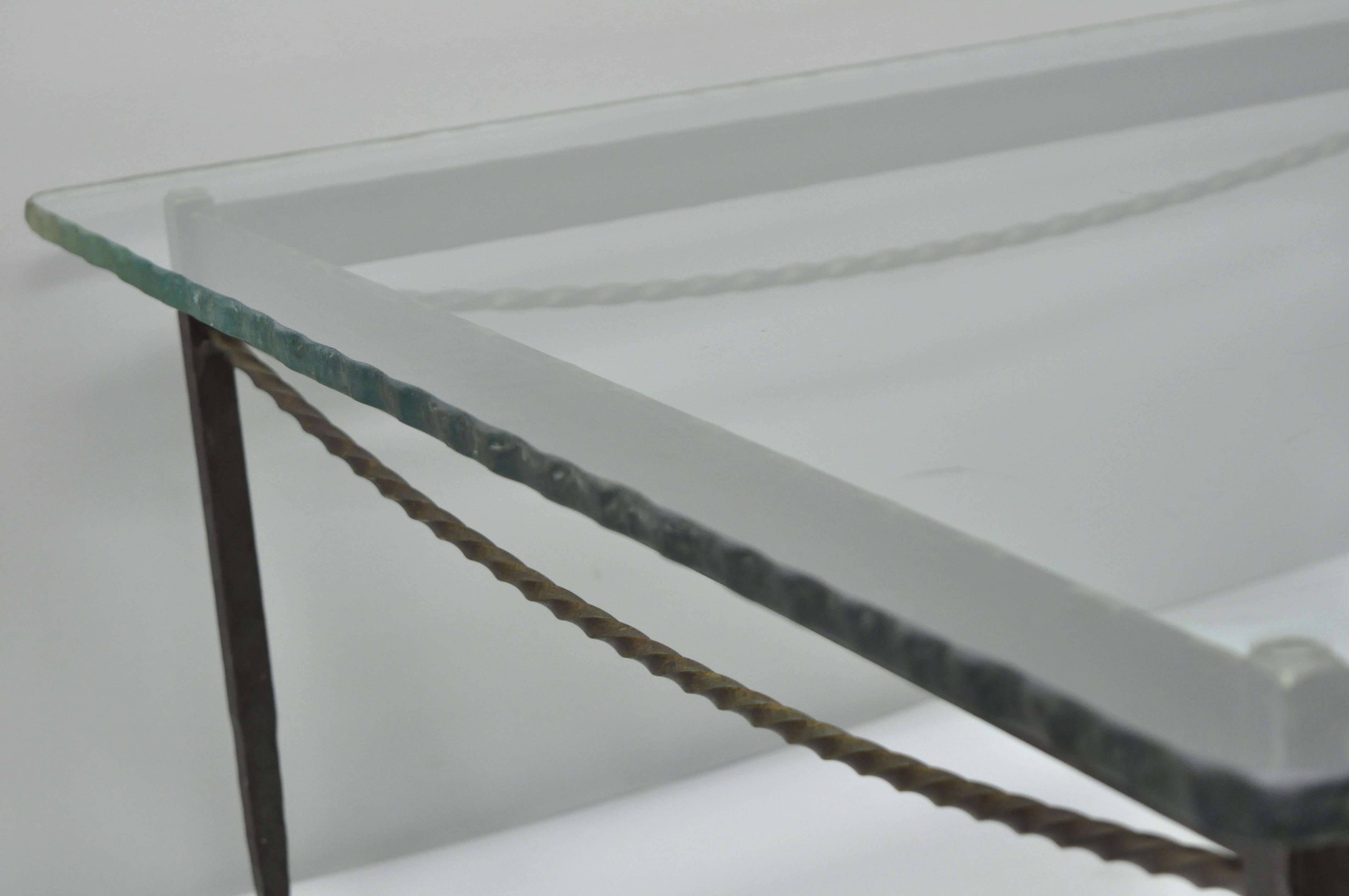 Brutalist Giacometti Style Forged Iron and Rippled Glass Square Coffee Table In Good Condition In Philadelphia, PA
