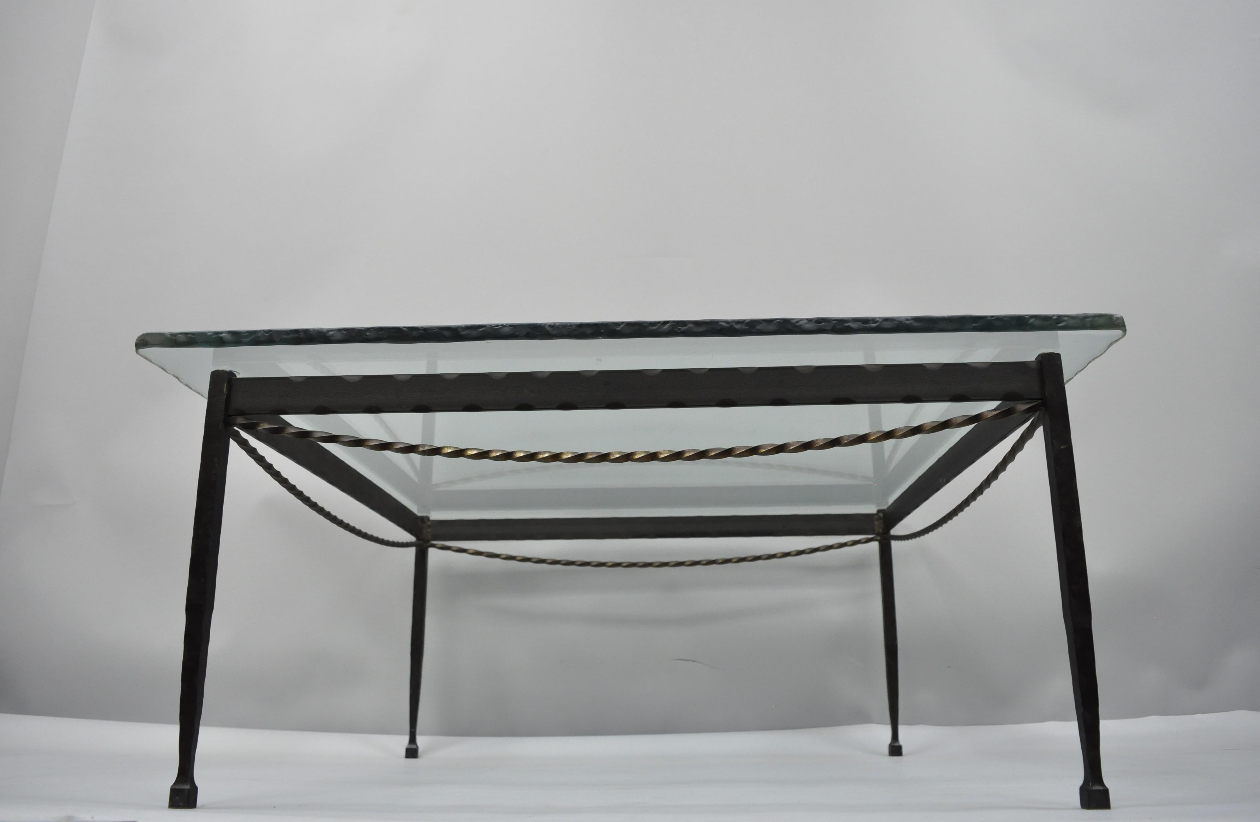 Brutalist Giacometti Style Forged Iron and Rippled Glass Square Coffee Table 2