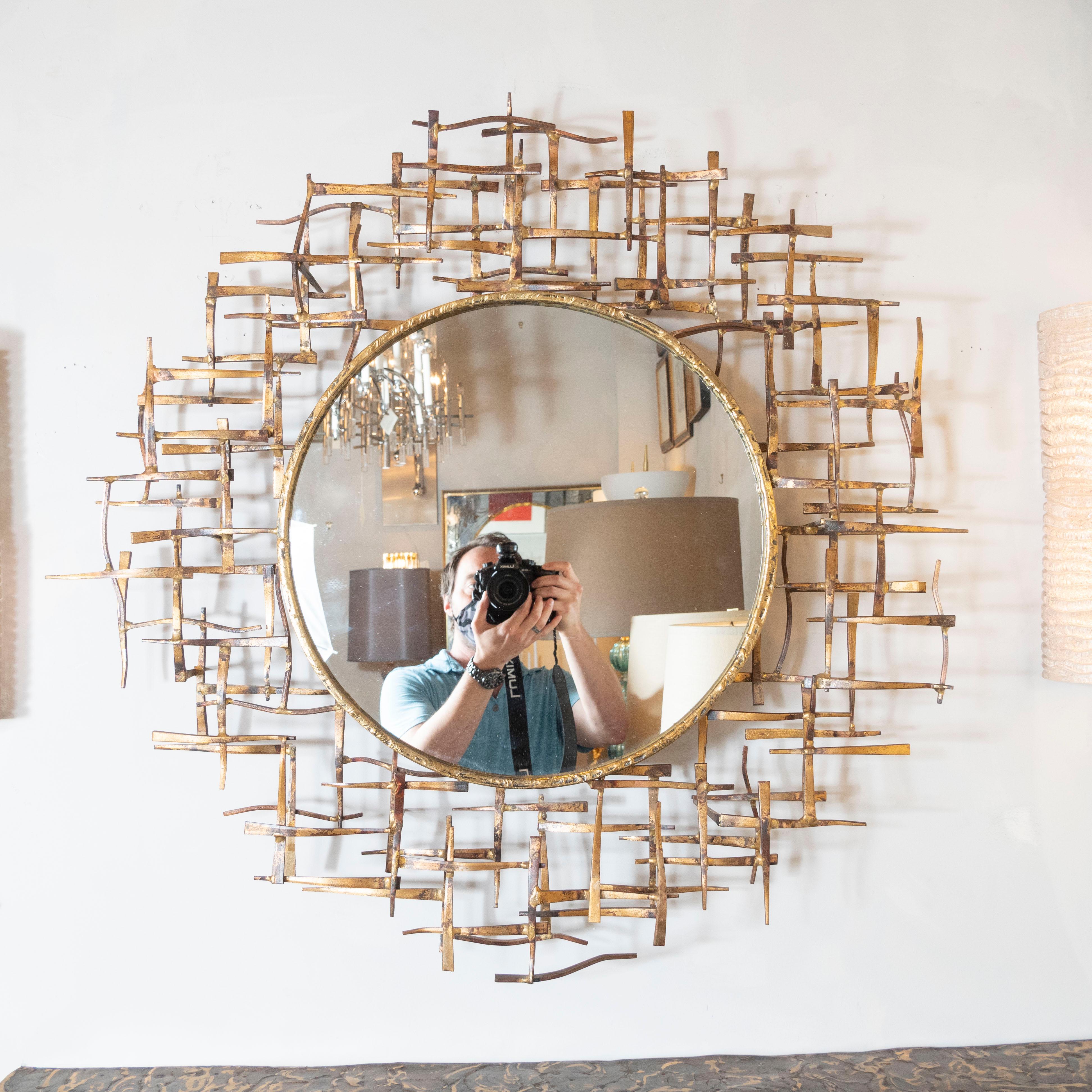 Mid-Century Modern Brutalist Gilded Bronze Abstract Basketweave Pattern Circular Wall Mirror