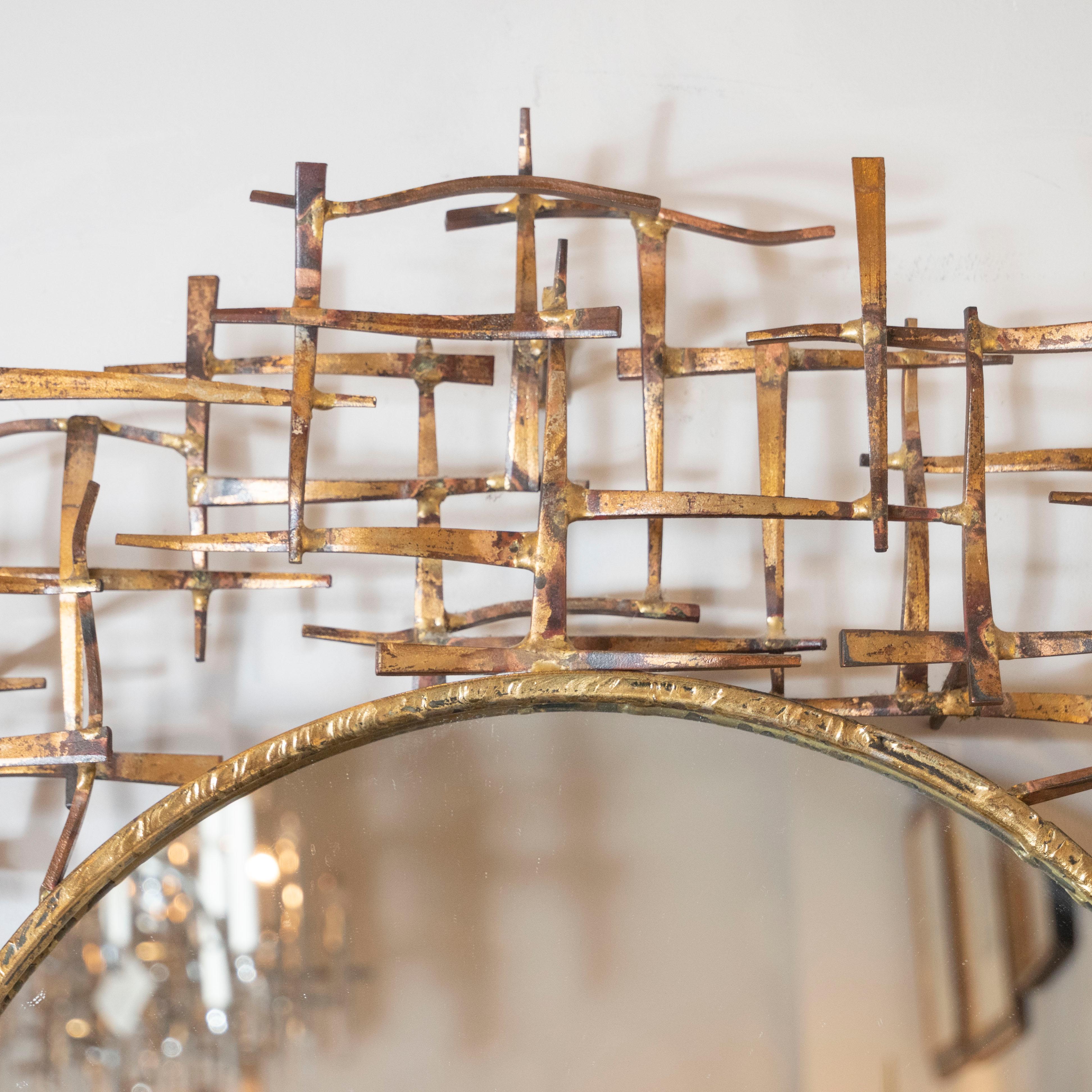 American Brutalist Gilded Bronze Abstract Basketweave Pattern Circular Wall Mirror