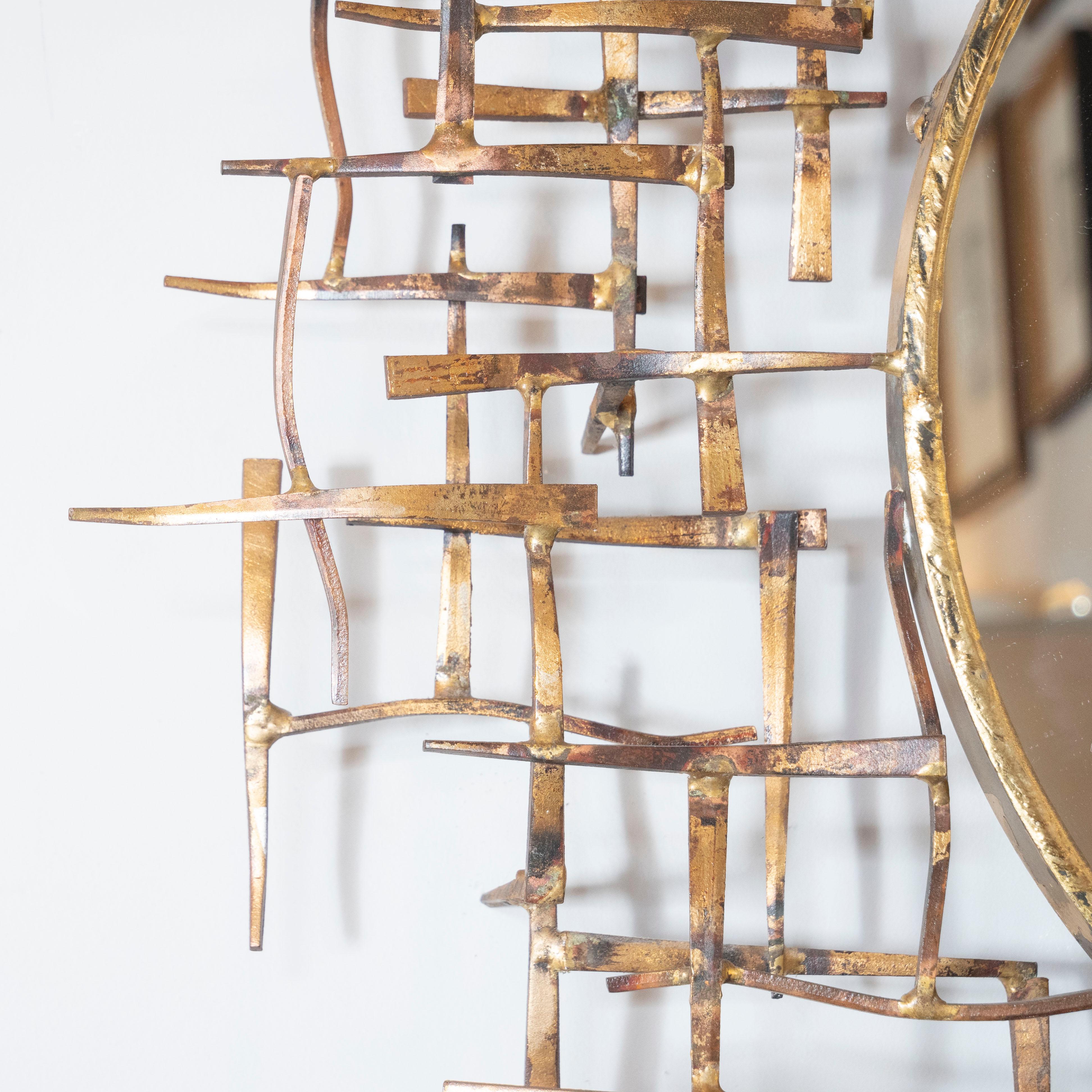Brutalist Gilded Bronze Abstract Basketweave Pattern Circular Wall Mirror 1