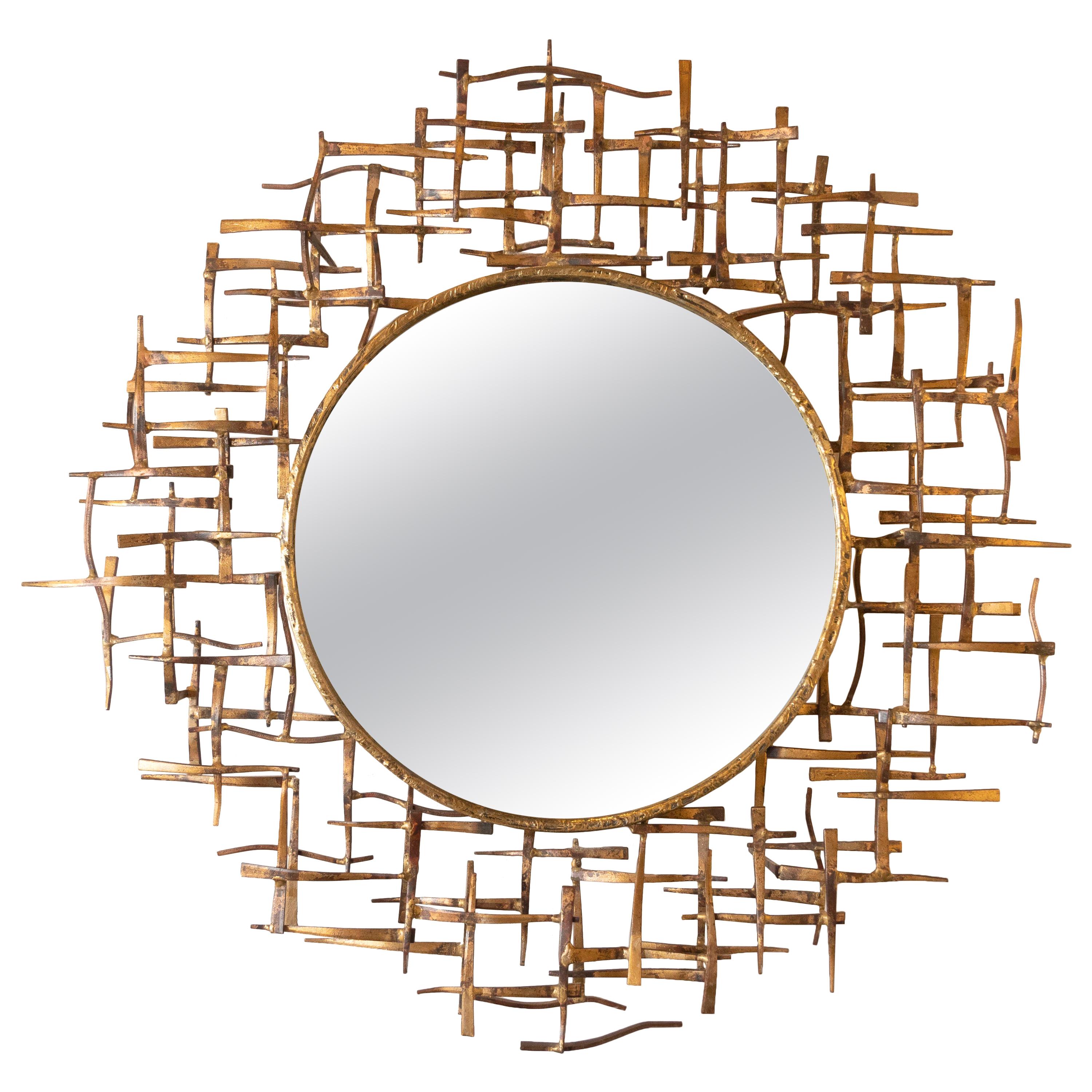 Brutalist Gilded Bronze Abstract Basketweave Pattern Circular Wall Mirror