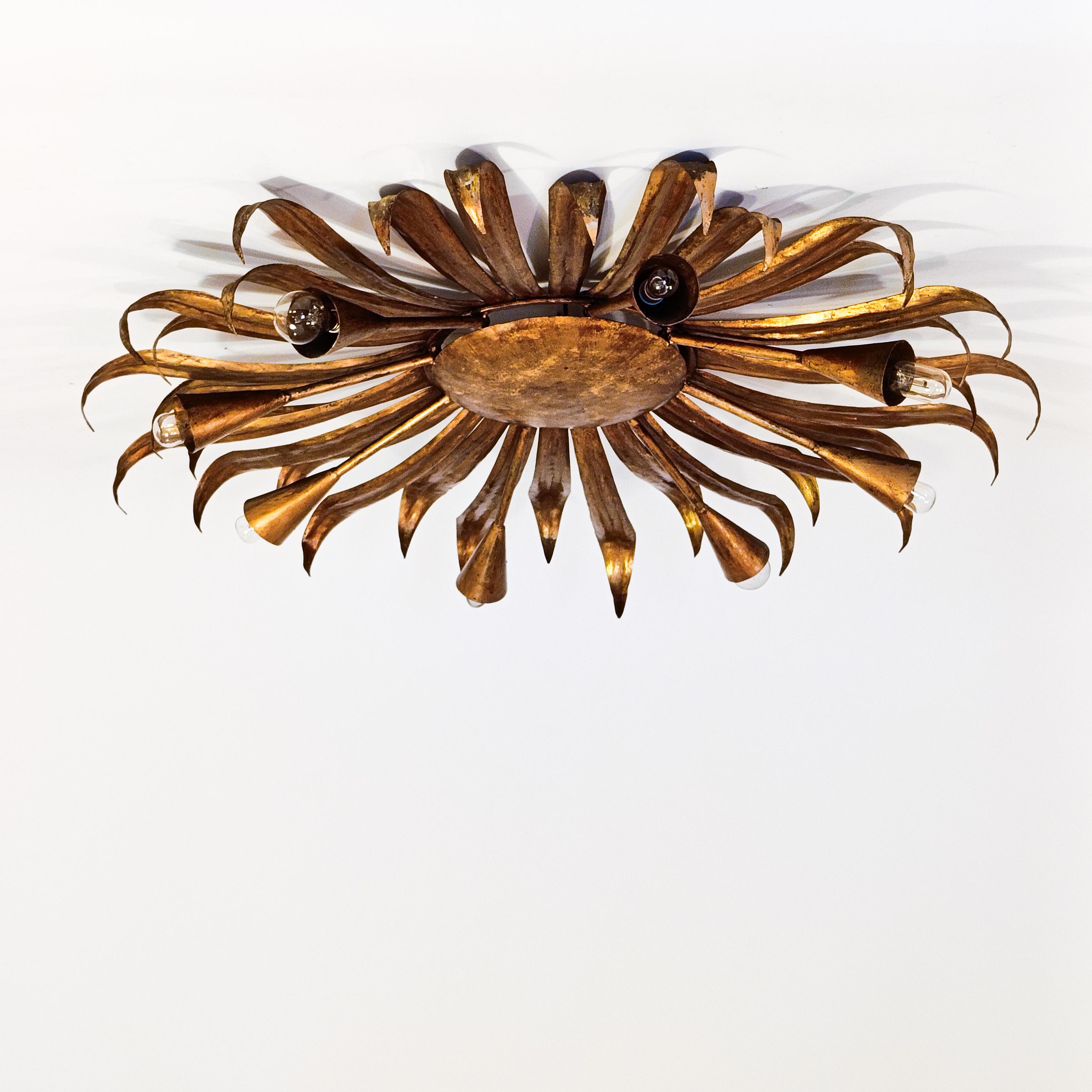 Mid-Century Modern Brutalist gilded sunburst flush mount by Ferro Art, Spain, 1960s For Sale