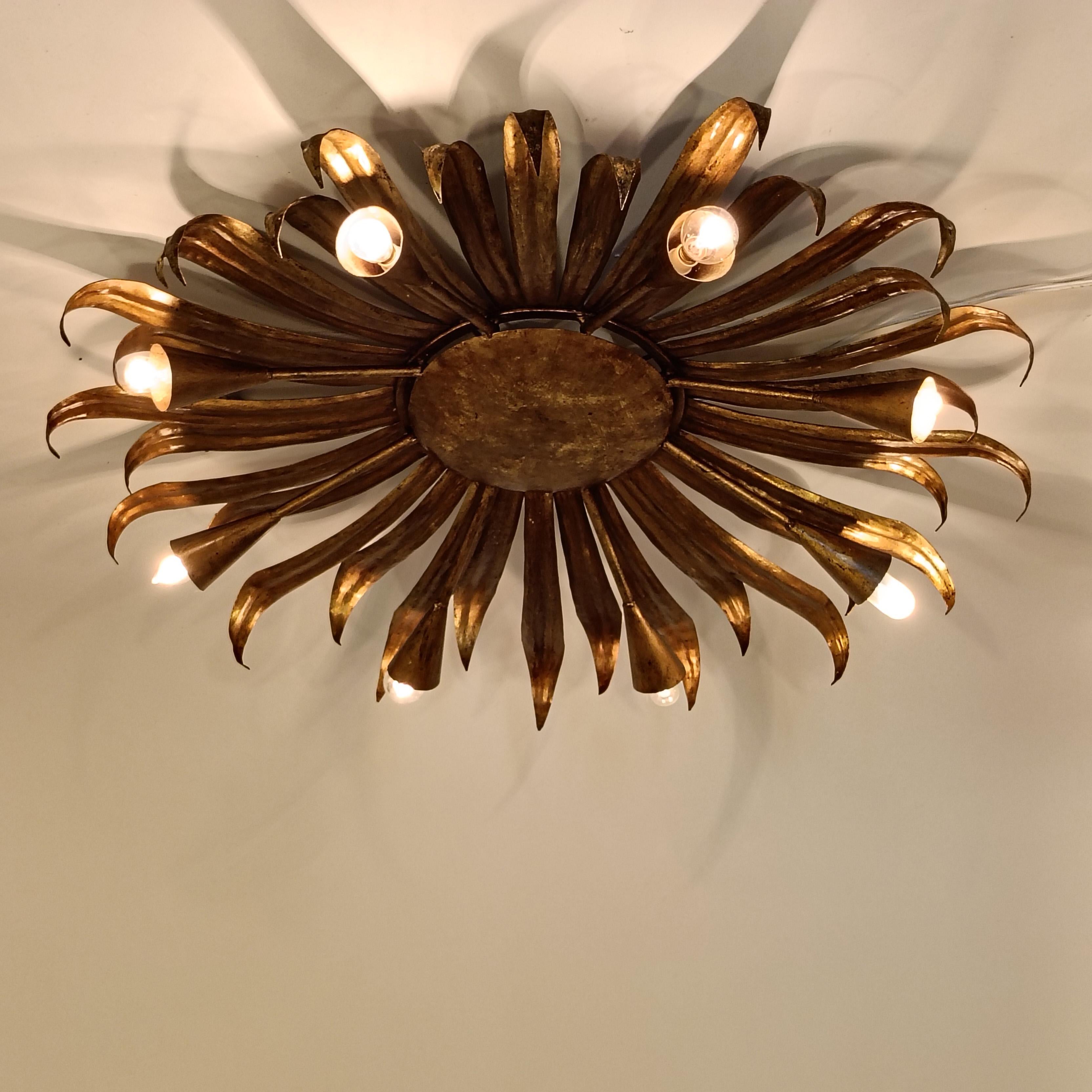 Spanish Brutalist gilded sunburst flush mount by Ferro Art, Spain, 1960s For Sale