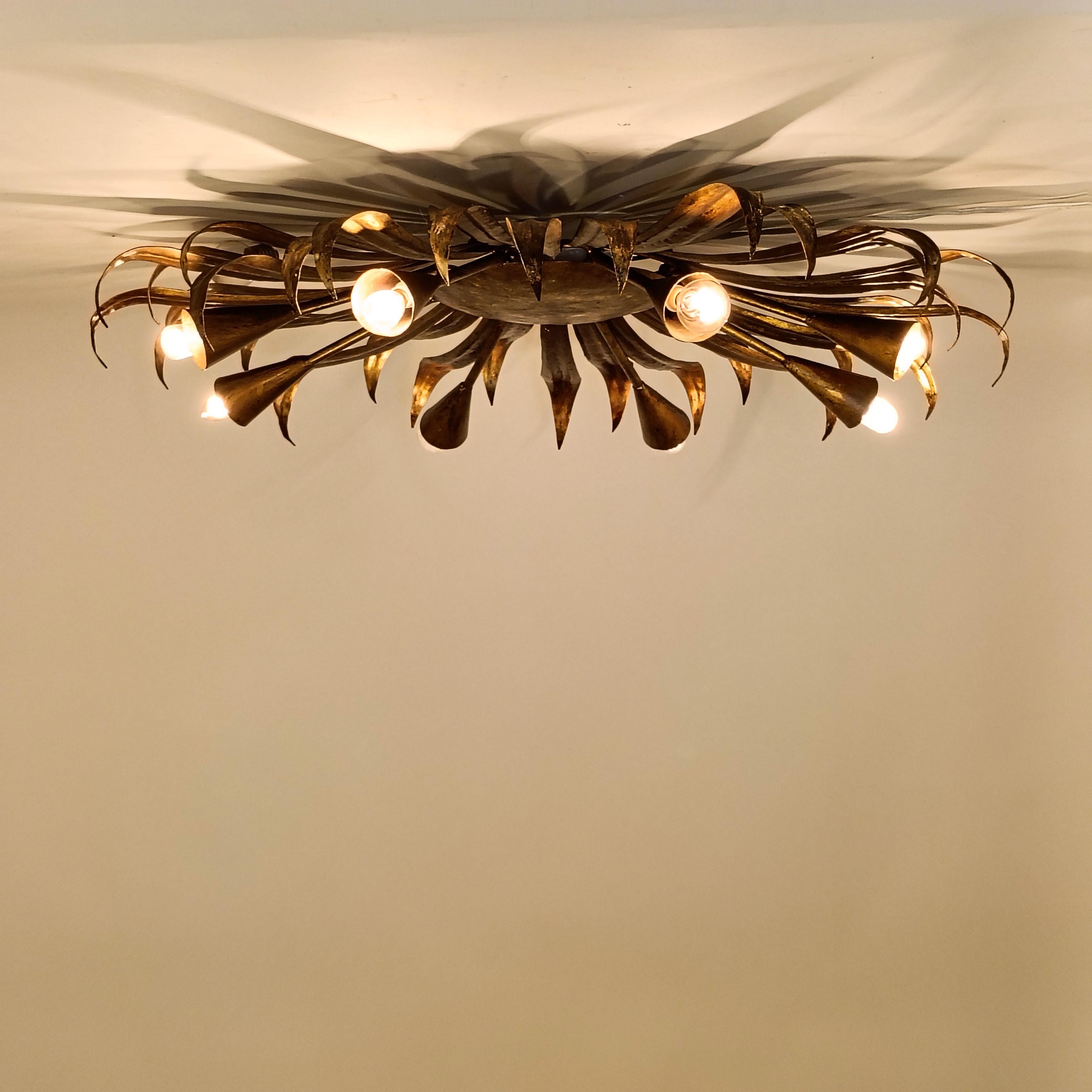 Hammered Brutalist gilded sunburst flush mount by Ferro Art, Spain, 1960s For Sale