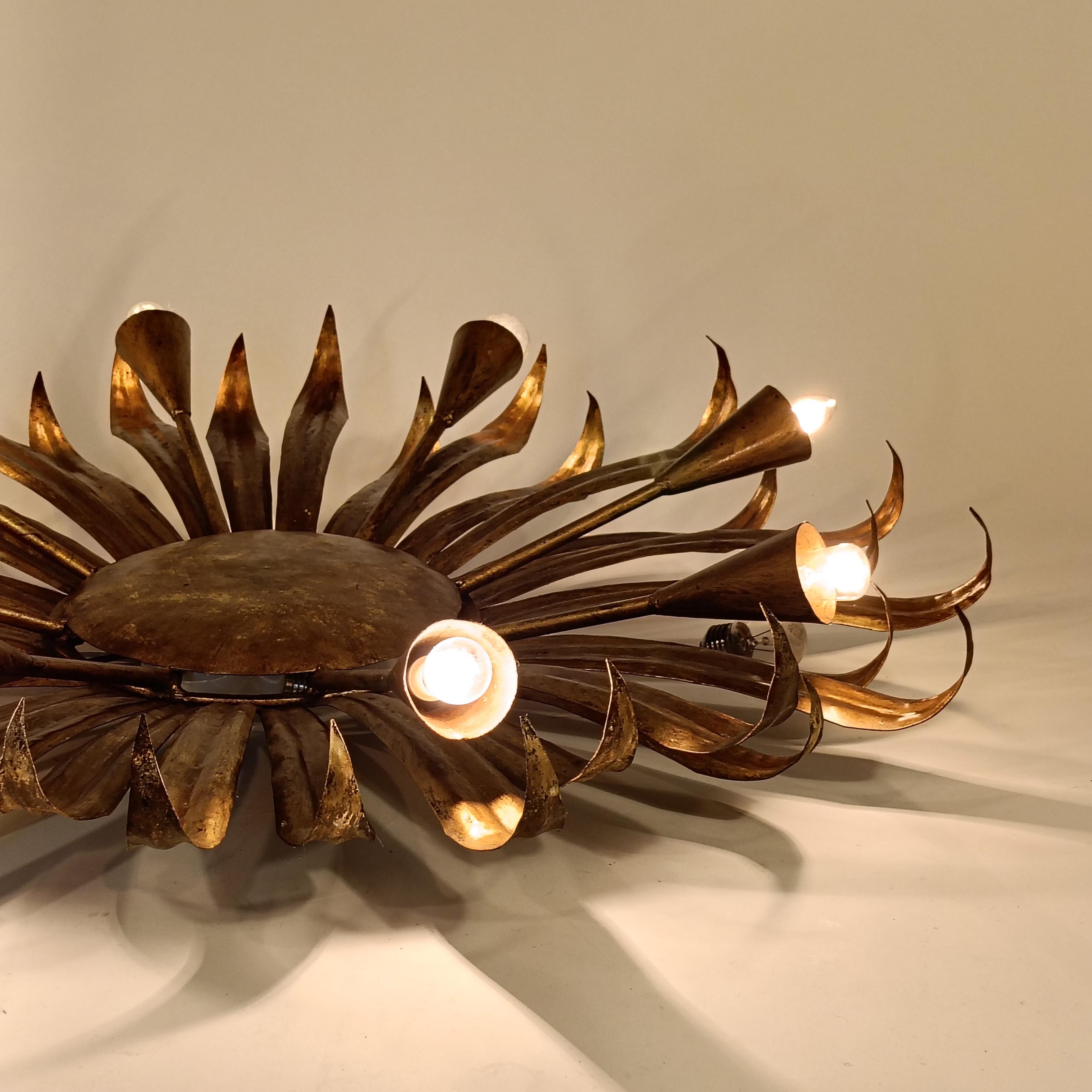 Mid-20th Century Brutalist gilded sunburst flush mount by Ferro Art, Spain, 1960s For Sale