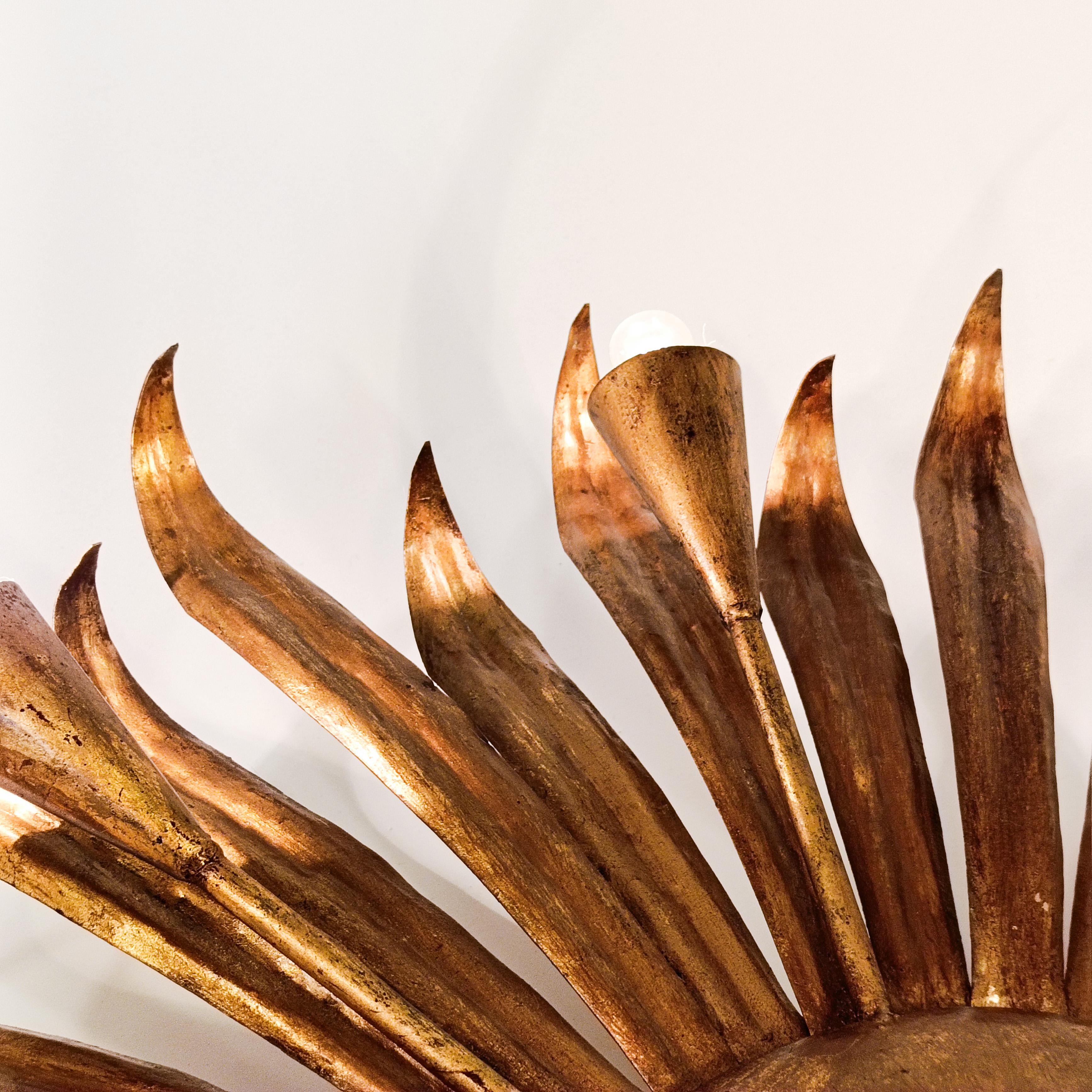 Iron Brutalist gilded sunburst flush mount by Ferro Art, Spain, 1960s For Sale