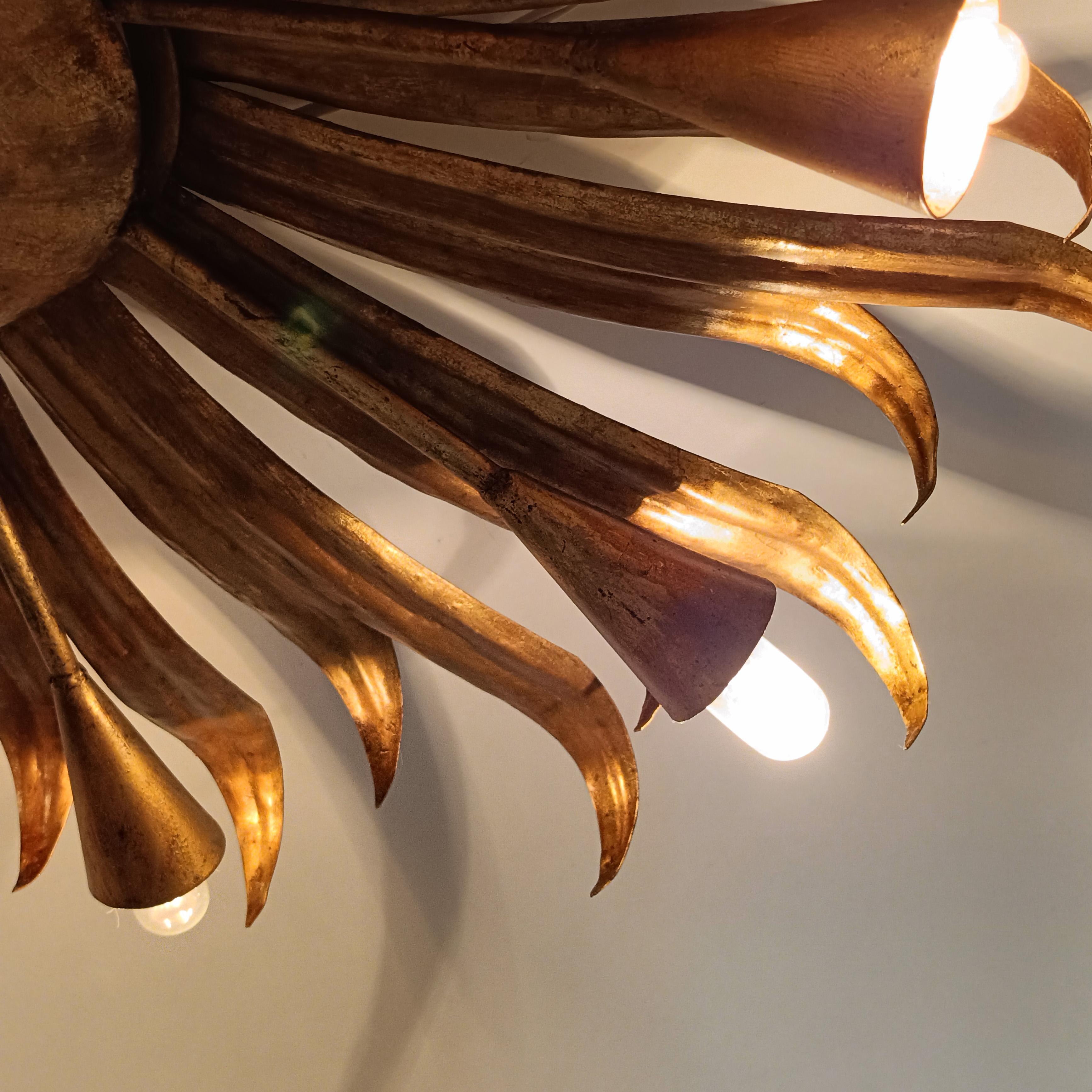 Brutalist gilded sunburst flush mount by Ferro Art, Spain, 1960s For Sale 1
