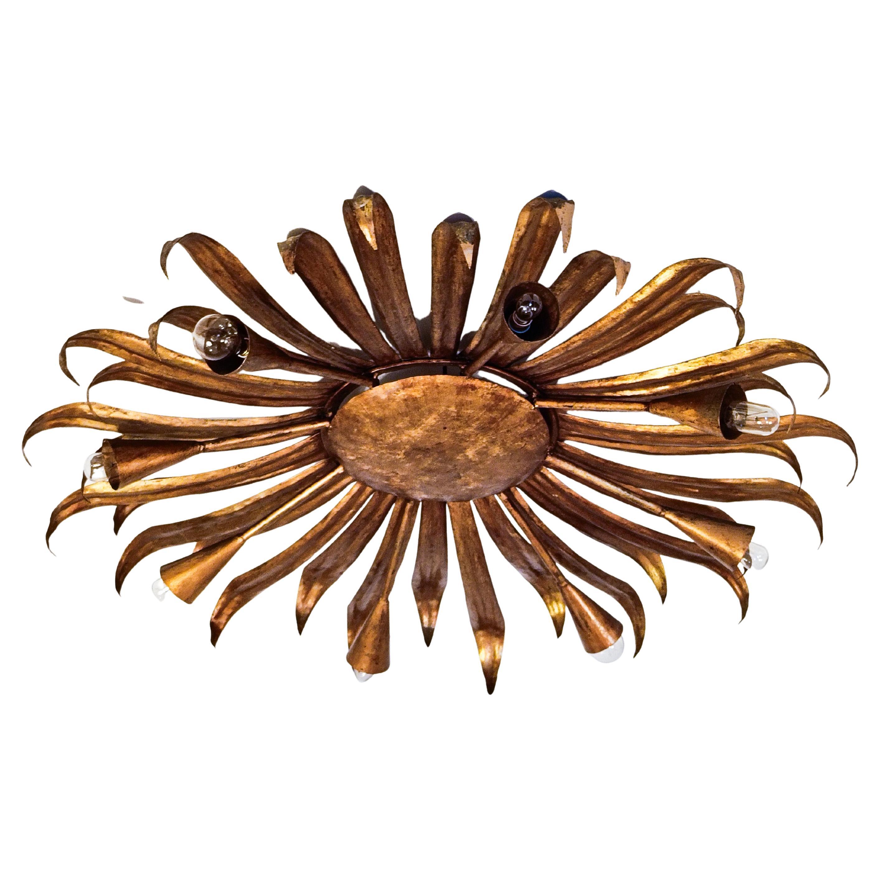 Brutalist gilded sunburst flush mount by Ferro Art, Spain, 1960s For Sale