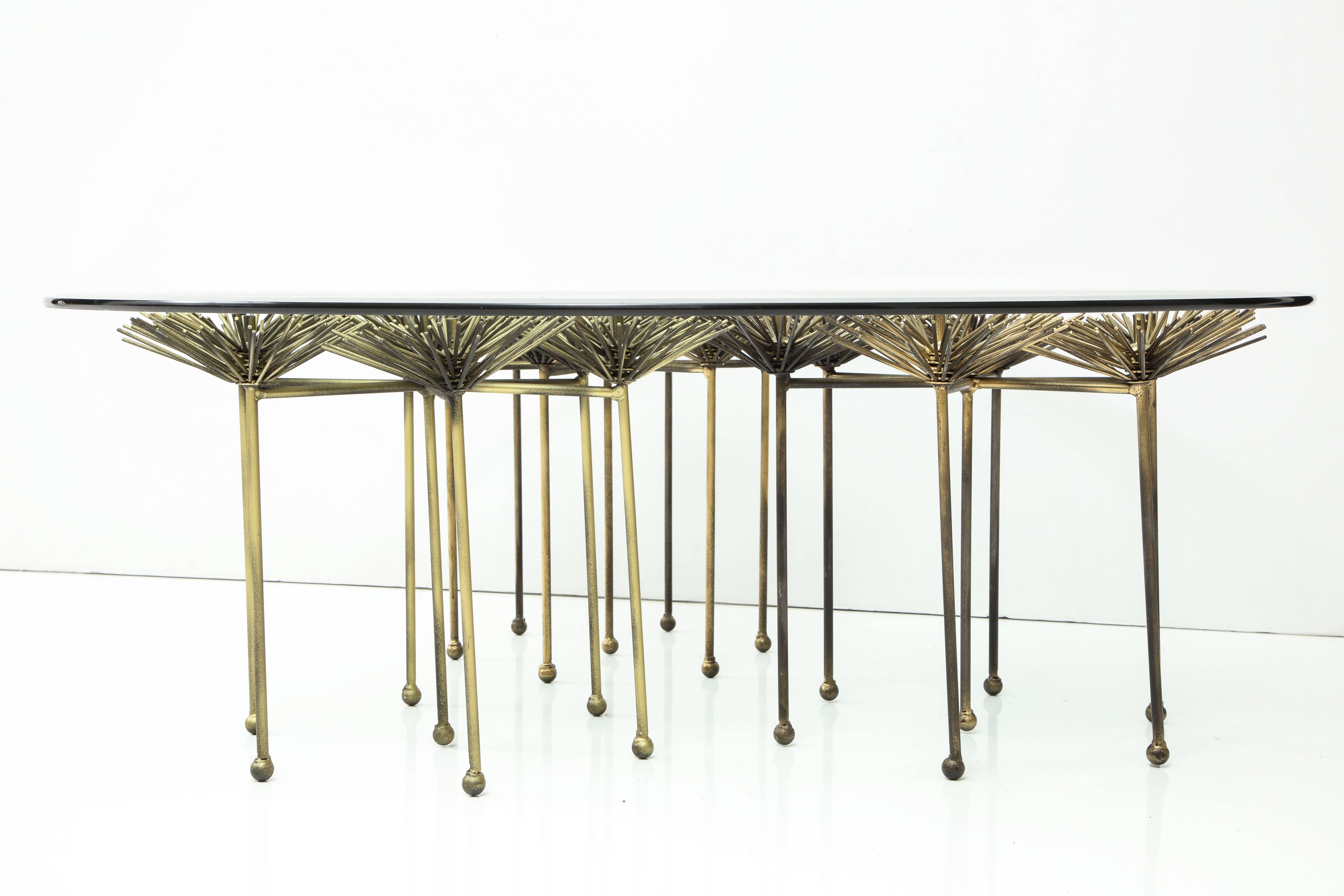 American Brutalist Gilt Floral Table with Glass Top in the Manner of Seandel or Jere For Sale