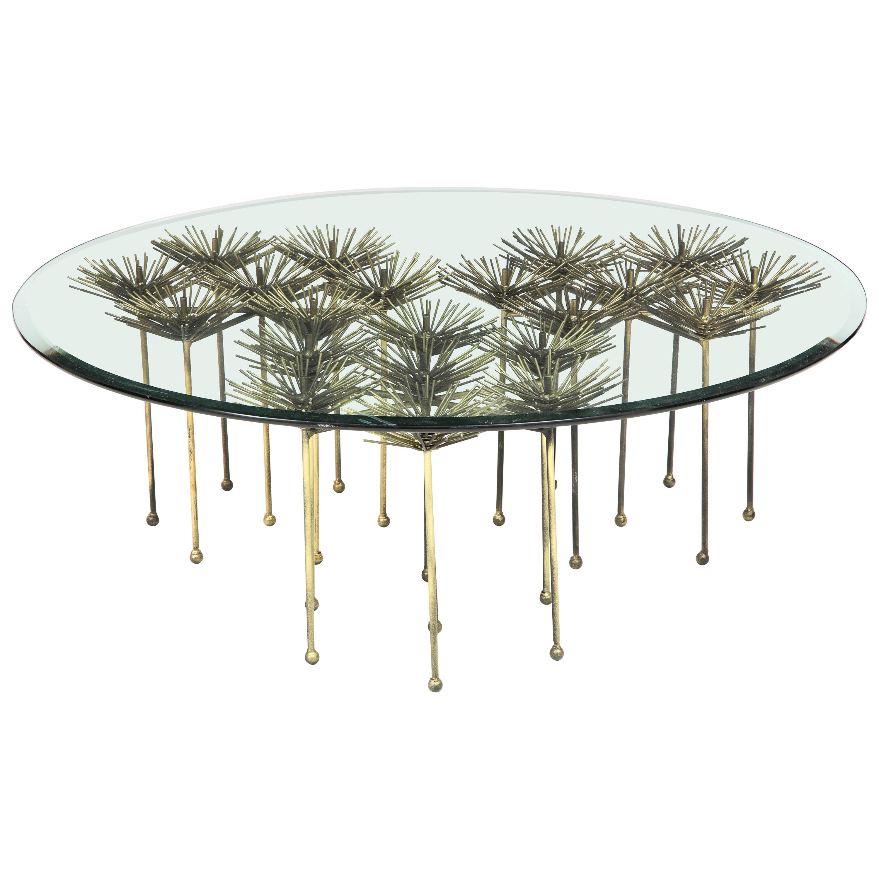Brutalist Gilt Floral Table with Glass Top in the Manner of Seandel or Jere