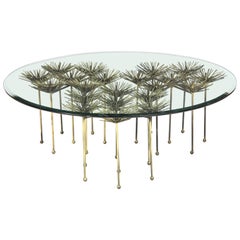 Table florale brutaliste dorée avec plateau en verre à la manière de Seandel ou Jere