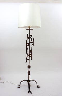 Paul Evans Style Brutalist Gilt Iron Floor Lamp, 1950s