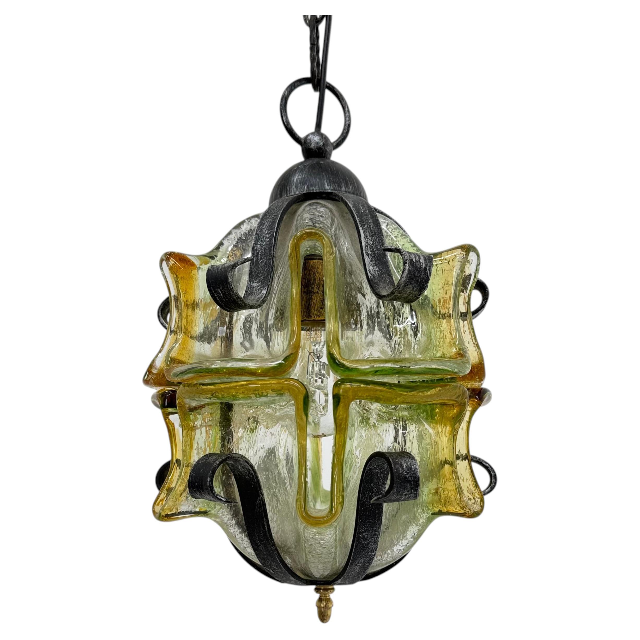 Brutalist glass and iron hanging lamp , 1970s