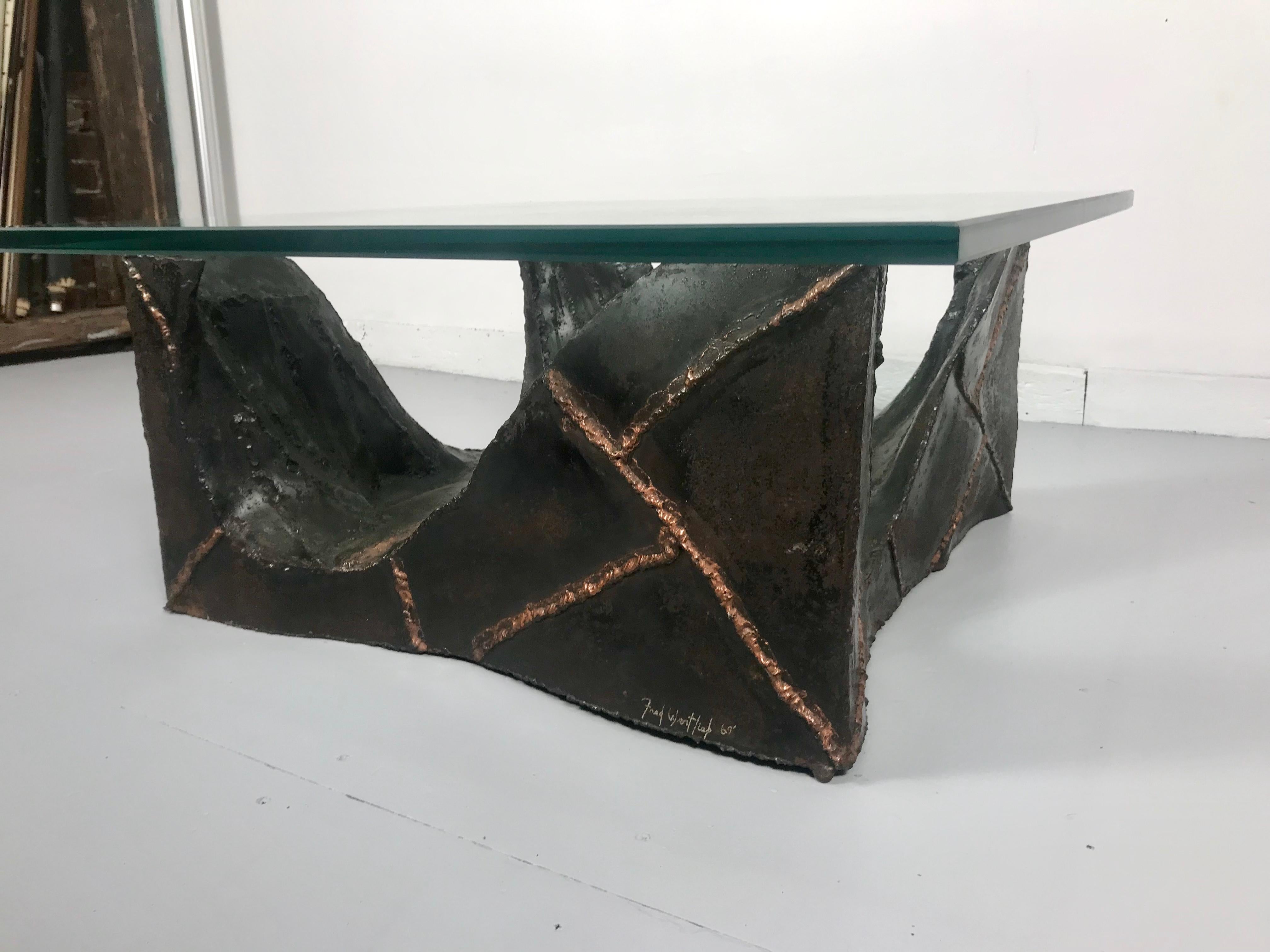 Brutalist Glass and Welded Metal Cocktail or Coffee table by Fred Wertlieb, 1969 In Excellent Condition In Buffalo, NY