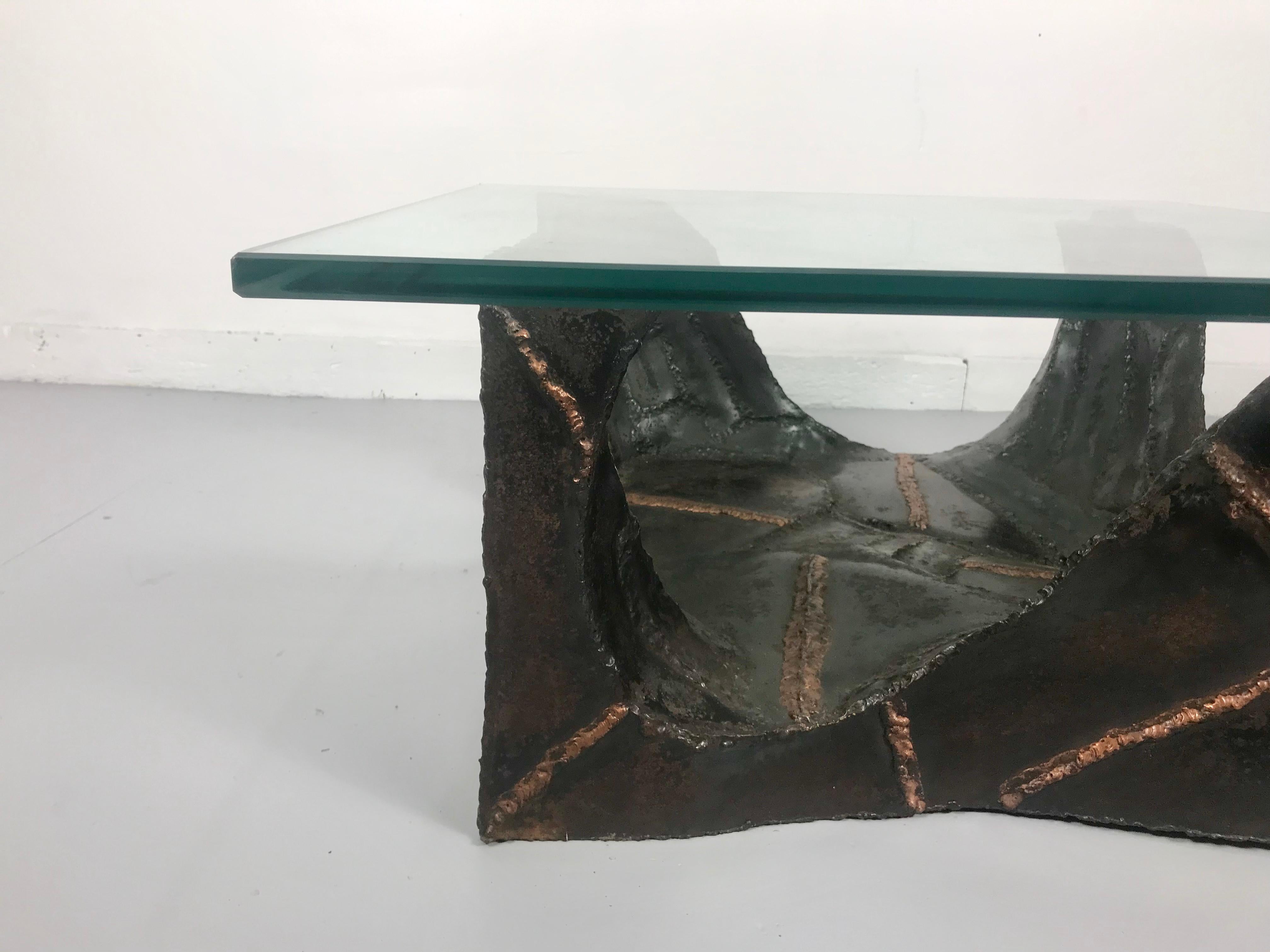 Brutalist Glass and Welded Metal Cocktail or Coffee table by Fred Wertlieb, 1969 2