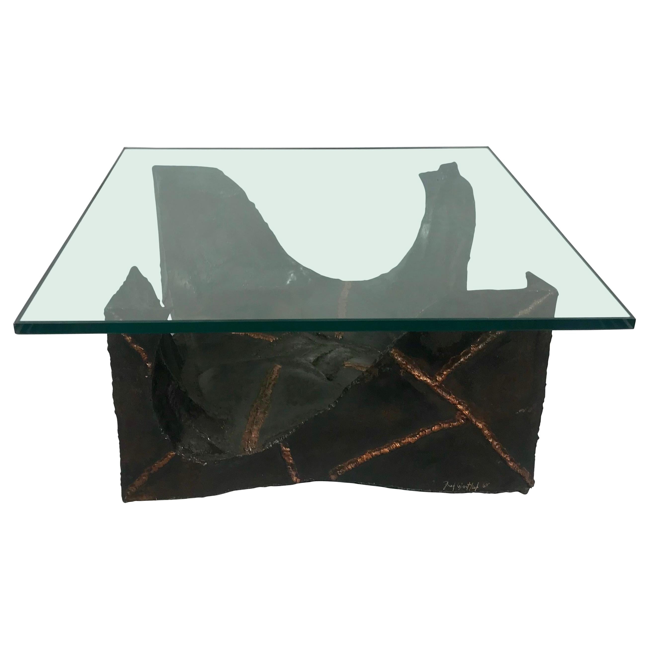 Brutalist Glass and Welded Metal Cocktail or Coffee table by Fred Wertlieb, 1969