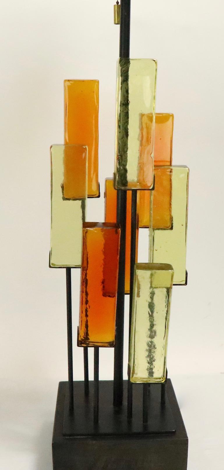 Wood Brutalist Glass Block Table Lamp Attributed to Thurston for Lightolier