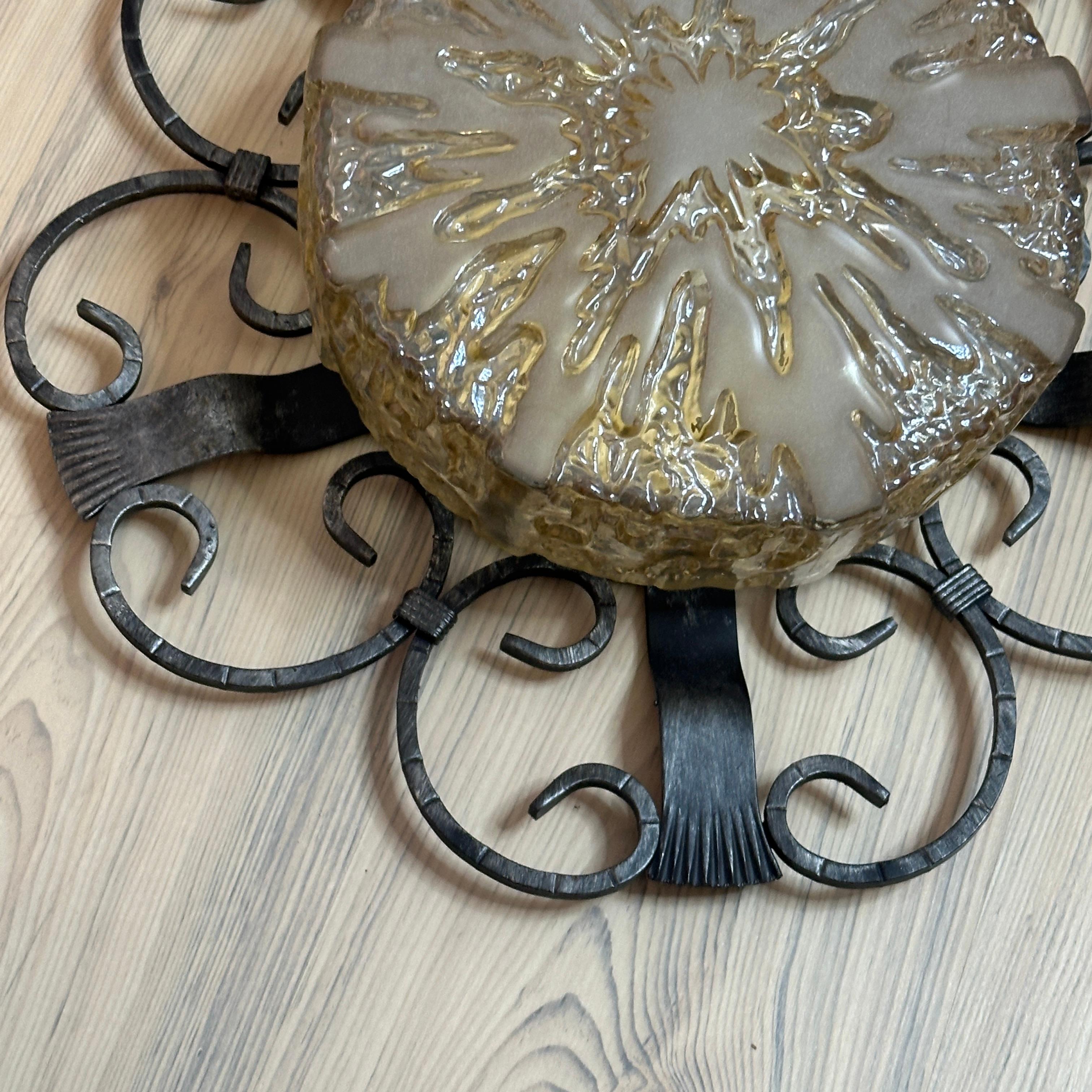 Wrought Iron and Glass, Flush Mount Ceiling Light 1960s German For Sale 6