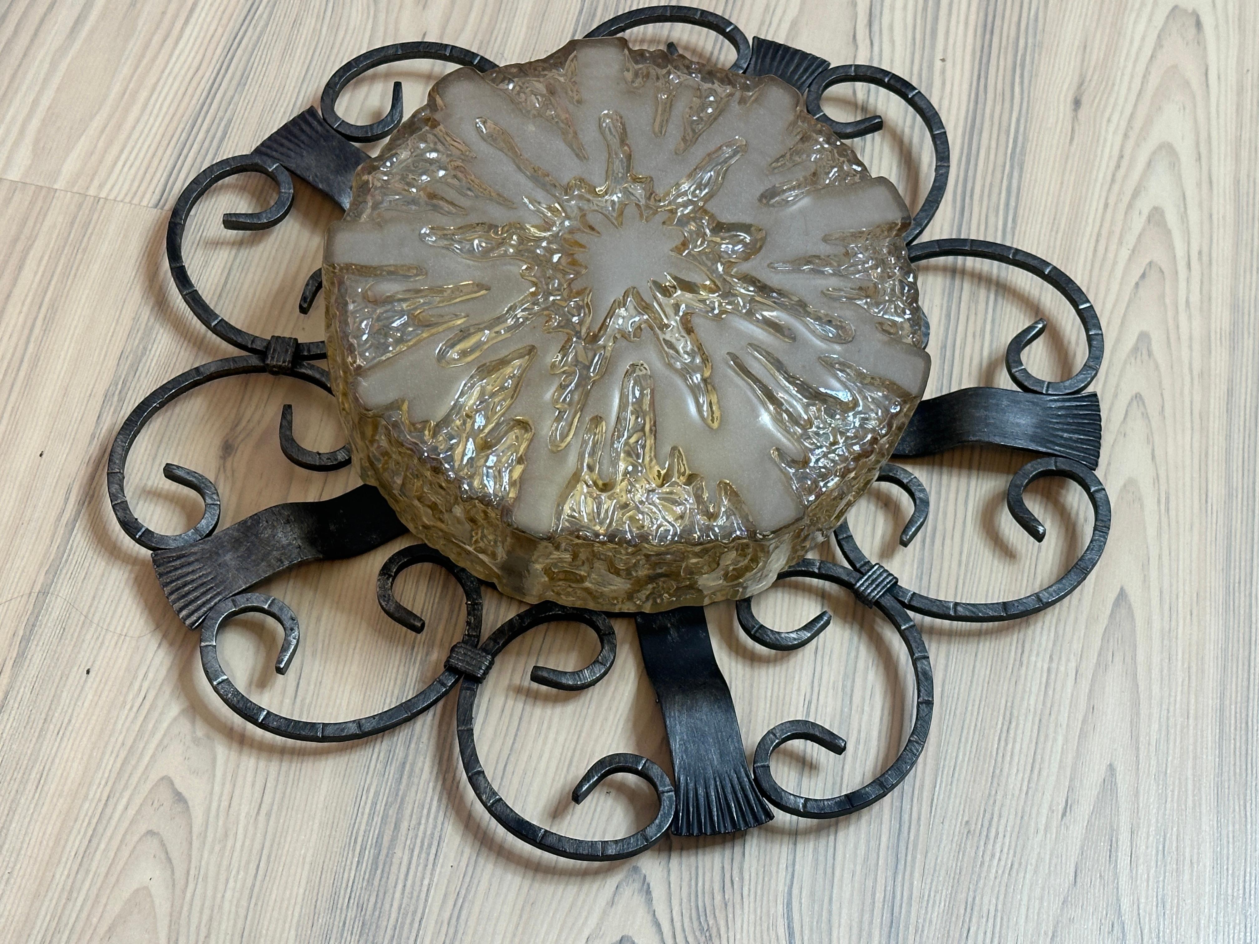Wrought Iron and Glass, Flush Mount Ceiling Light 1960s German For Sale 11