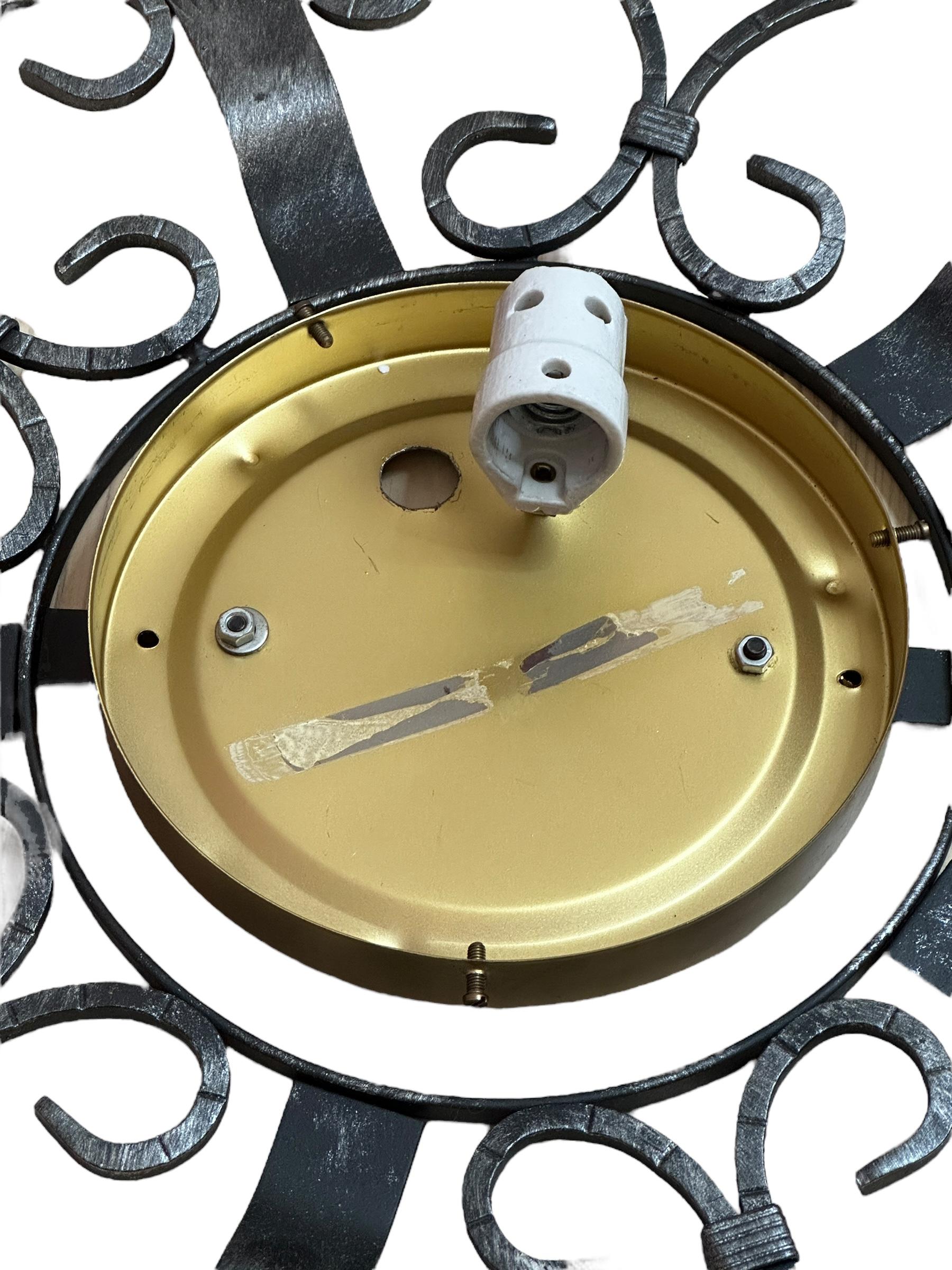 Wrought Iron and Glass, Flush Mount Ceiling Light 1960s German For Sale 2