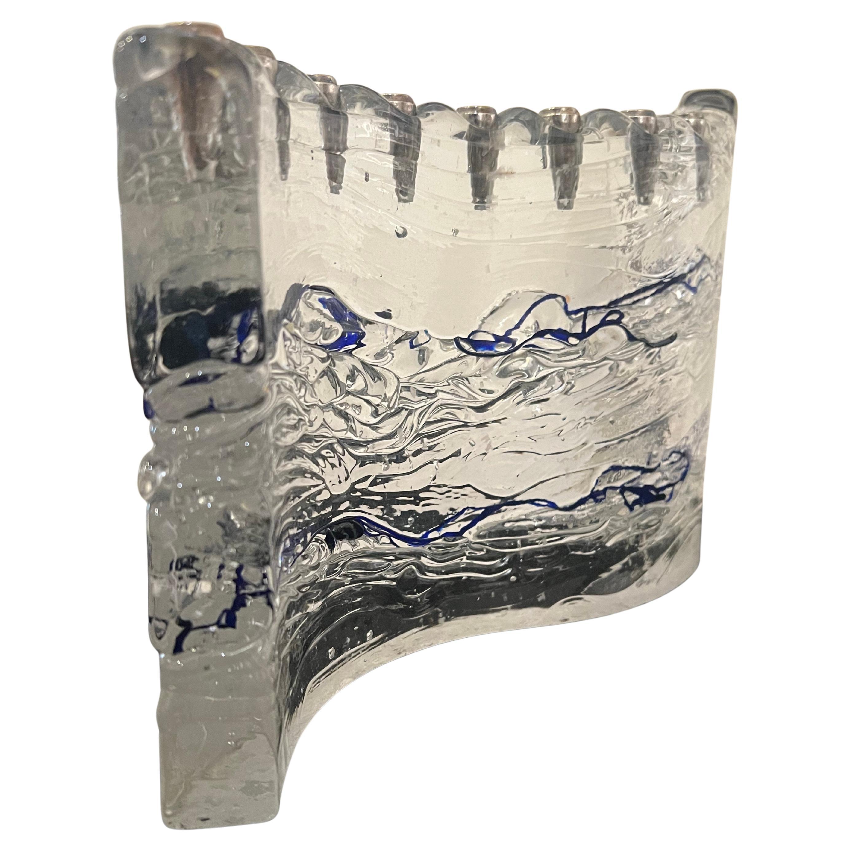 Beautiful brutalist thick rough glass sculpture Menorah by Joel & Candace Bless, circa 1990s remanence of an antique wave wall with .5