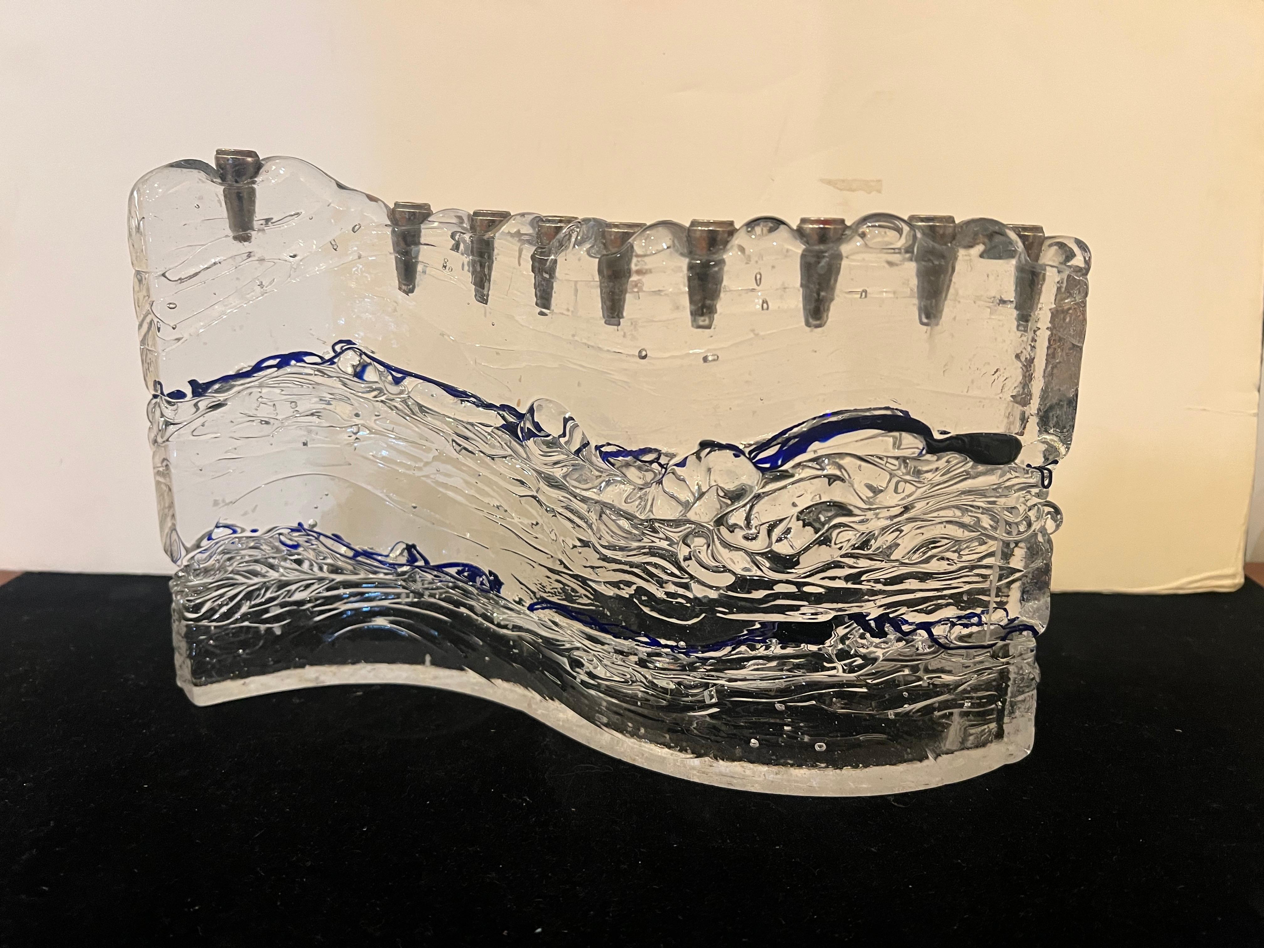 Brutalist Glass Menorah by Joel & Candace Bless Wave Shape In Excellent Condition For Sale In San Diego, CA