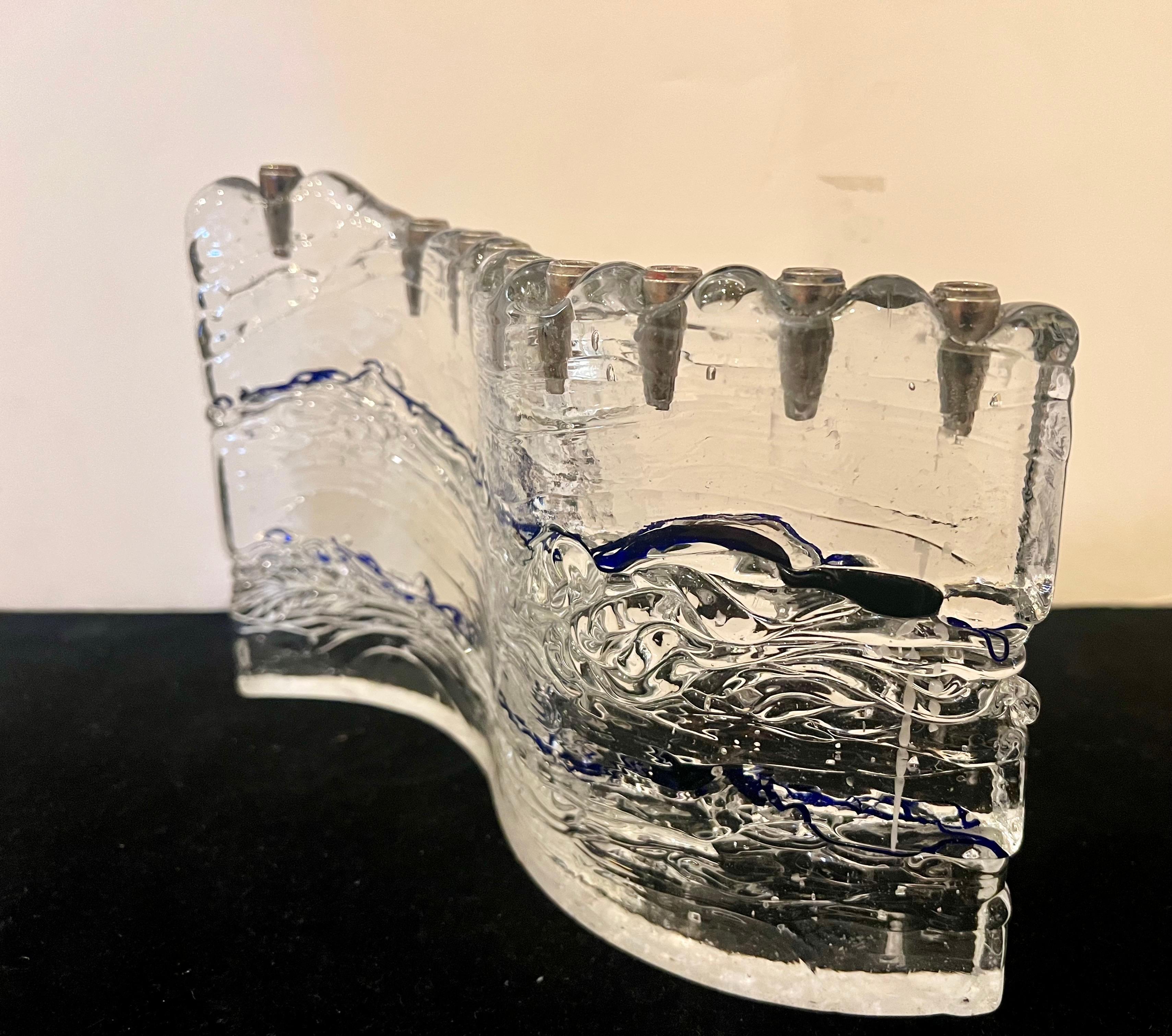 20th Century Brutalist Glass Menorah by Joel & Candace Bless Wave Shape For Sale