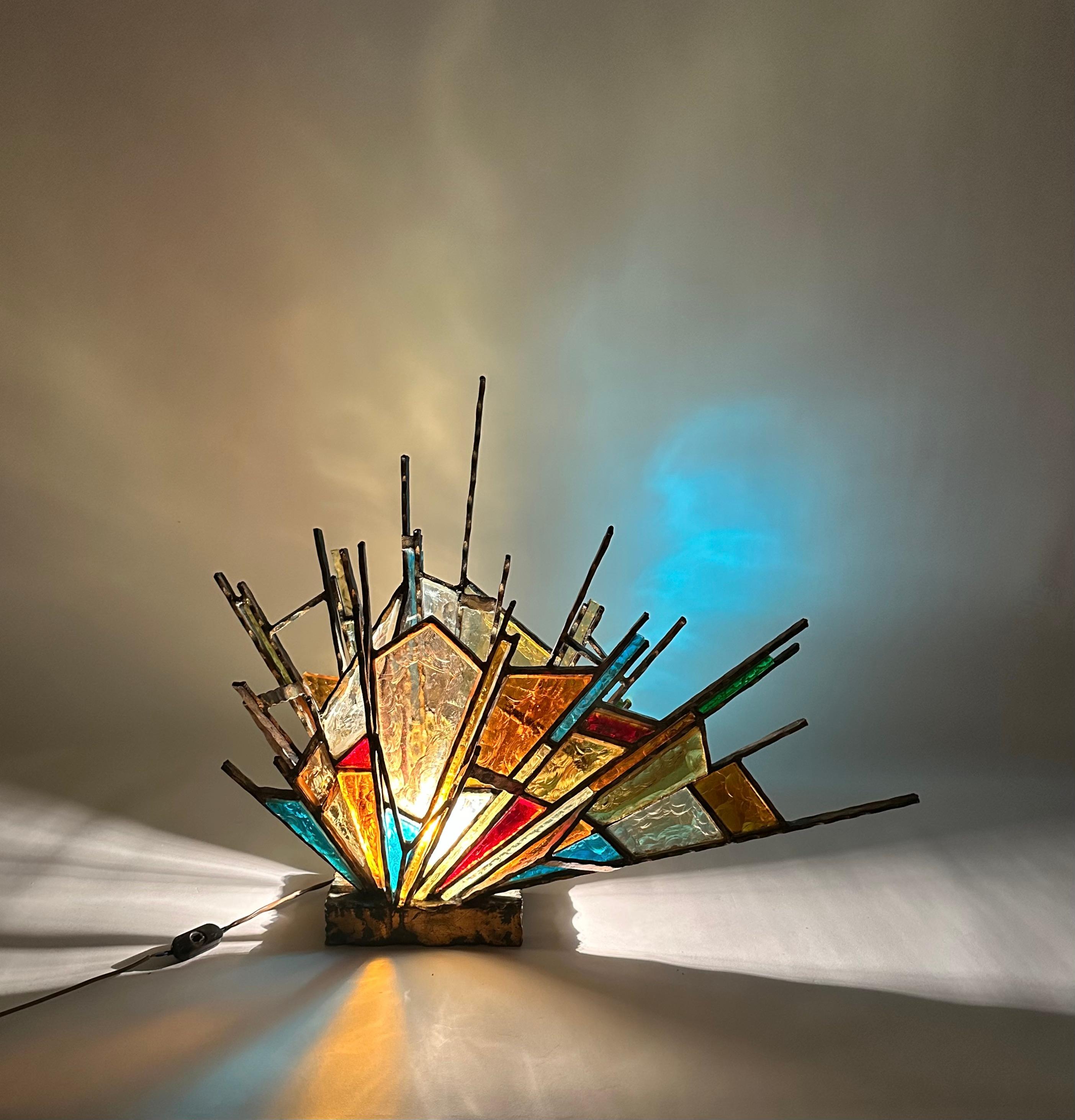Metal Brutalist Gold Iron and Colored Art Glass Table Lamp by Longobard, Italy 1970s For Sale