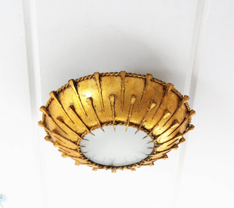 Brutalist Gold Leaf Gilt Iron Sunburst Wall Ceiling Light Fixture