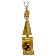 Brutalist Gold Pendant Sapphires Diamonds 18K Yellow Gold Finland
