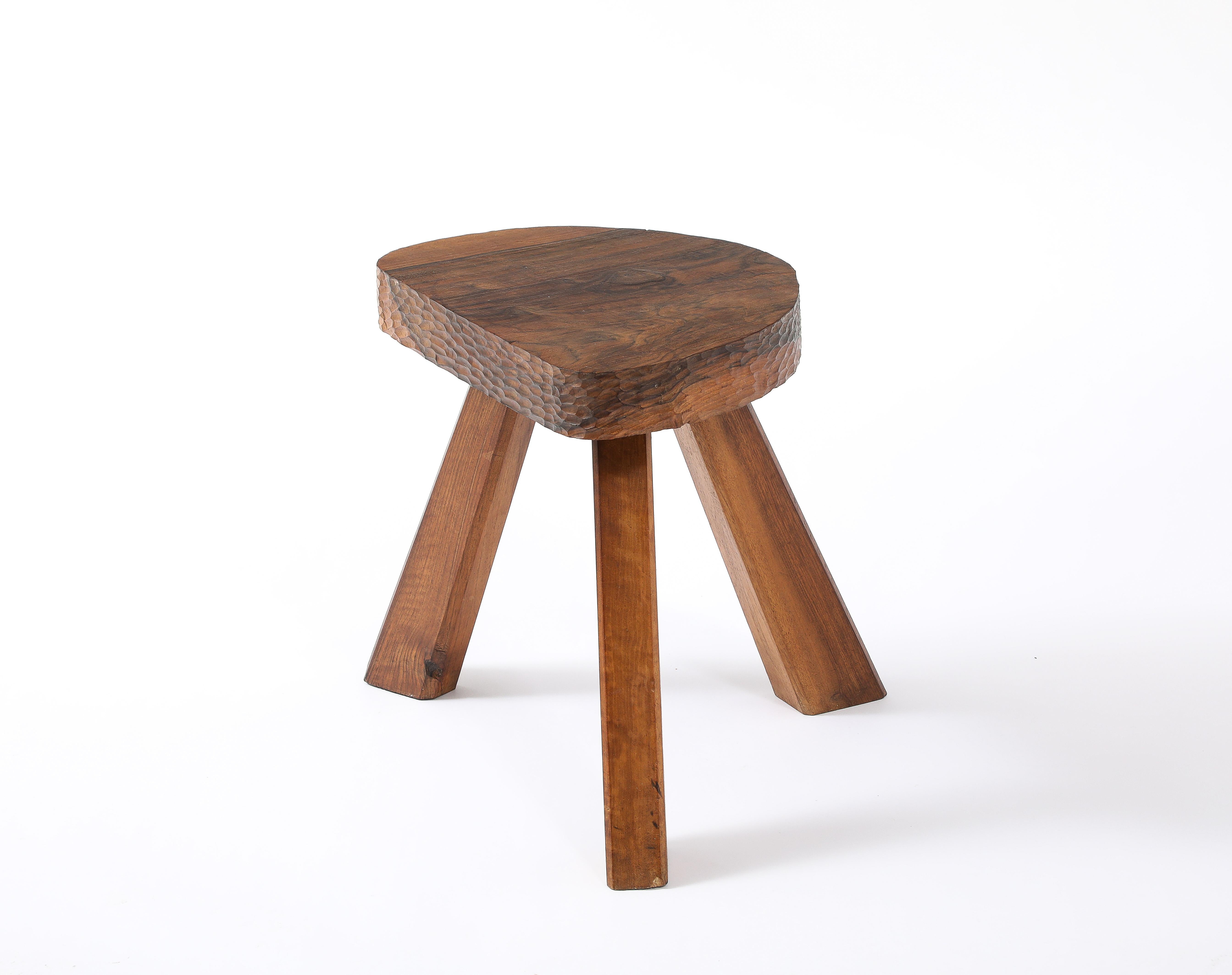 Mid-Century Modern Brutalist Gouged Stool, France 1950's For Sale
