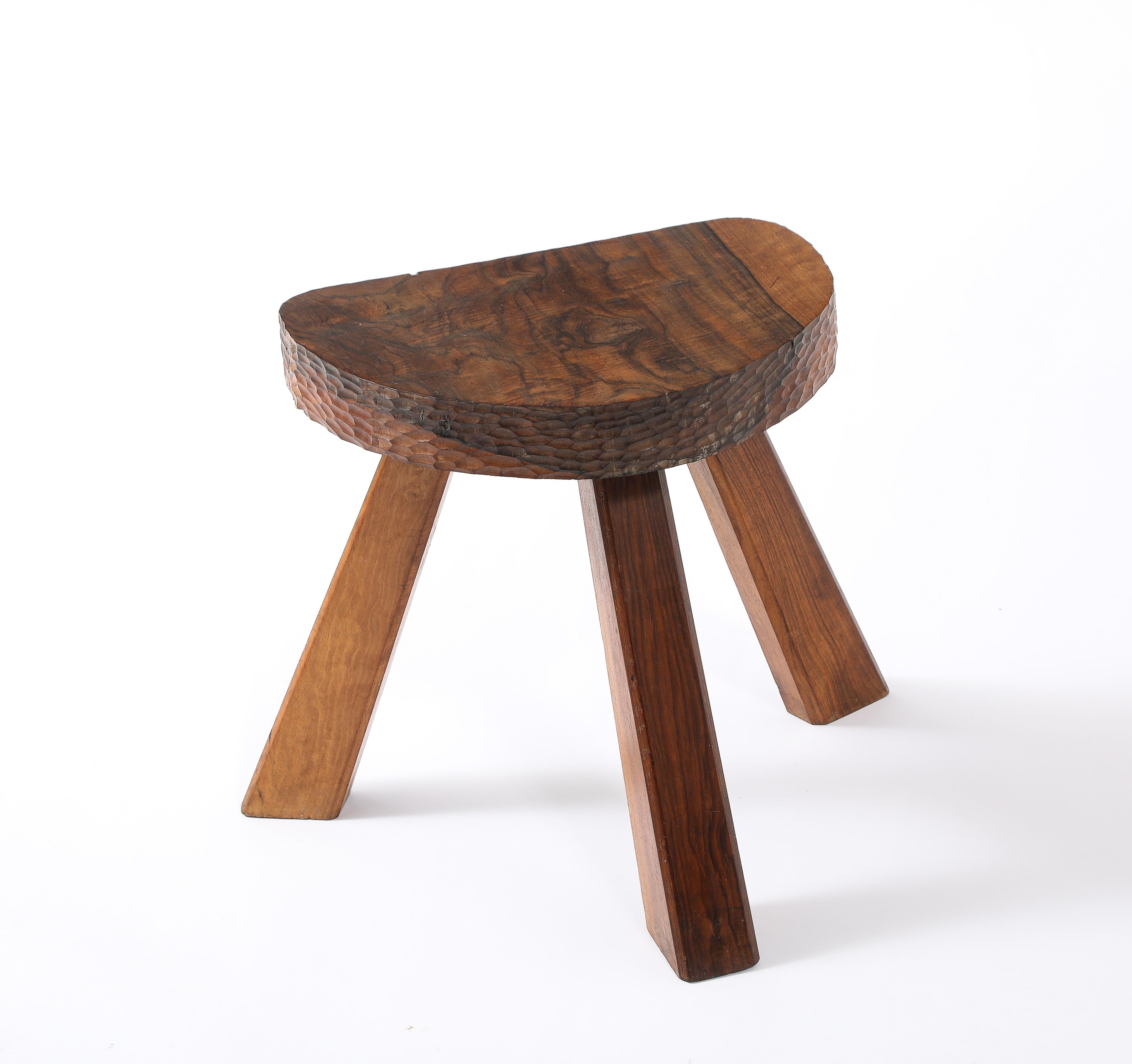 Walnut Brutalist Gouged Stool, France 1950's For Sale