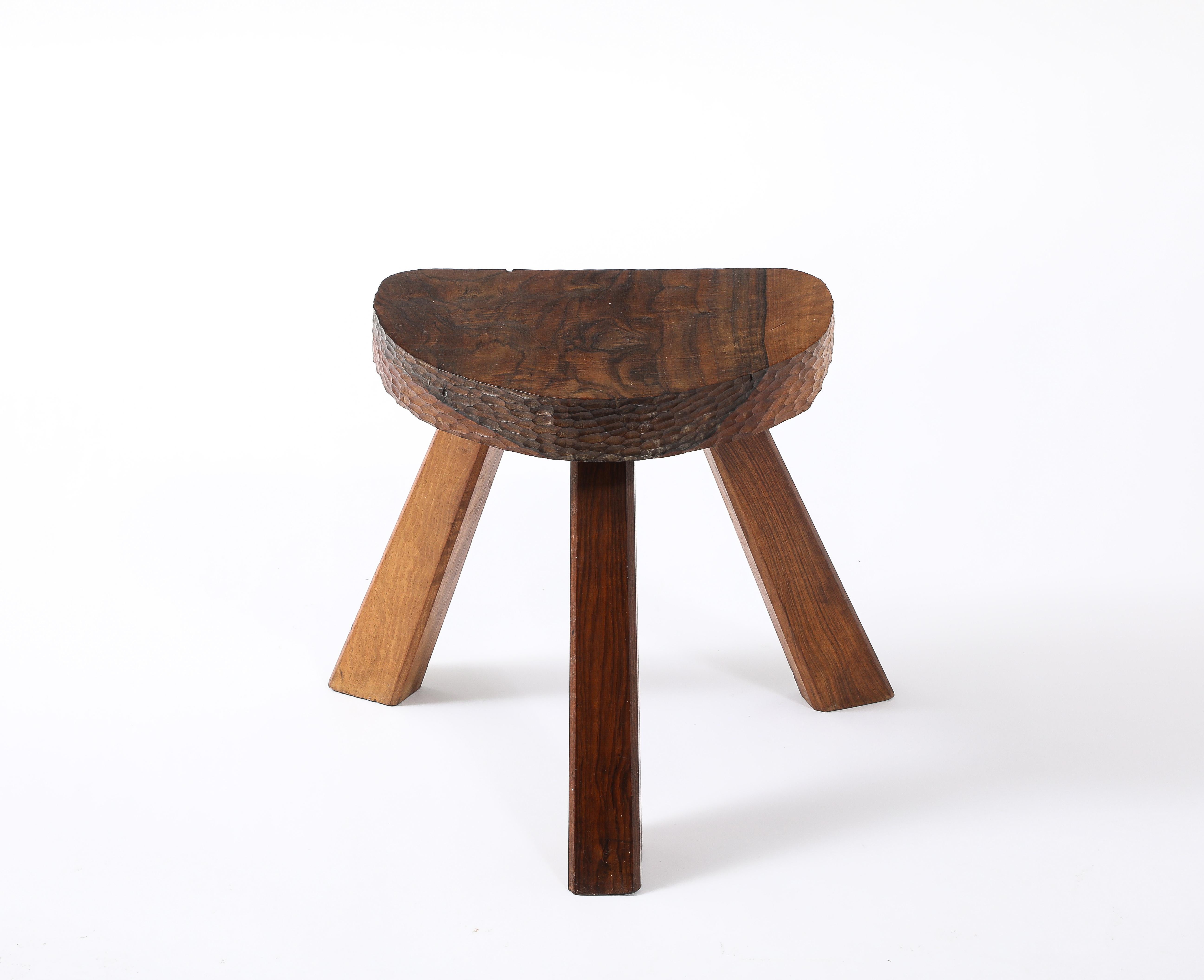 Brutalist Gouged Stool, France 1950's For Sale 1