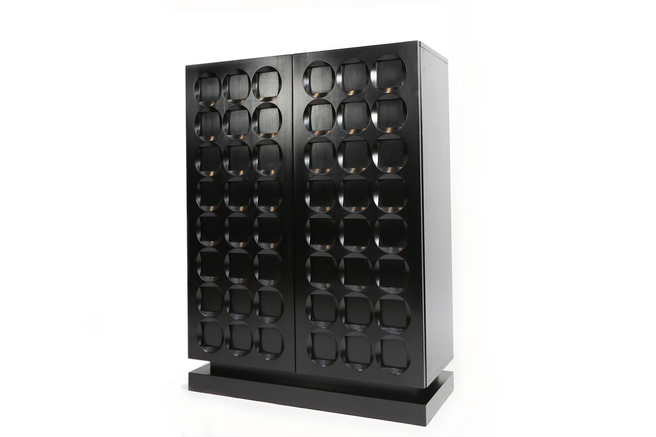 Belgian Brutalist Graphic Black Ebonized Bar Cabinet Highboard, 1970s