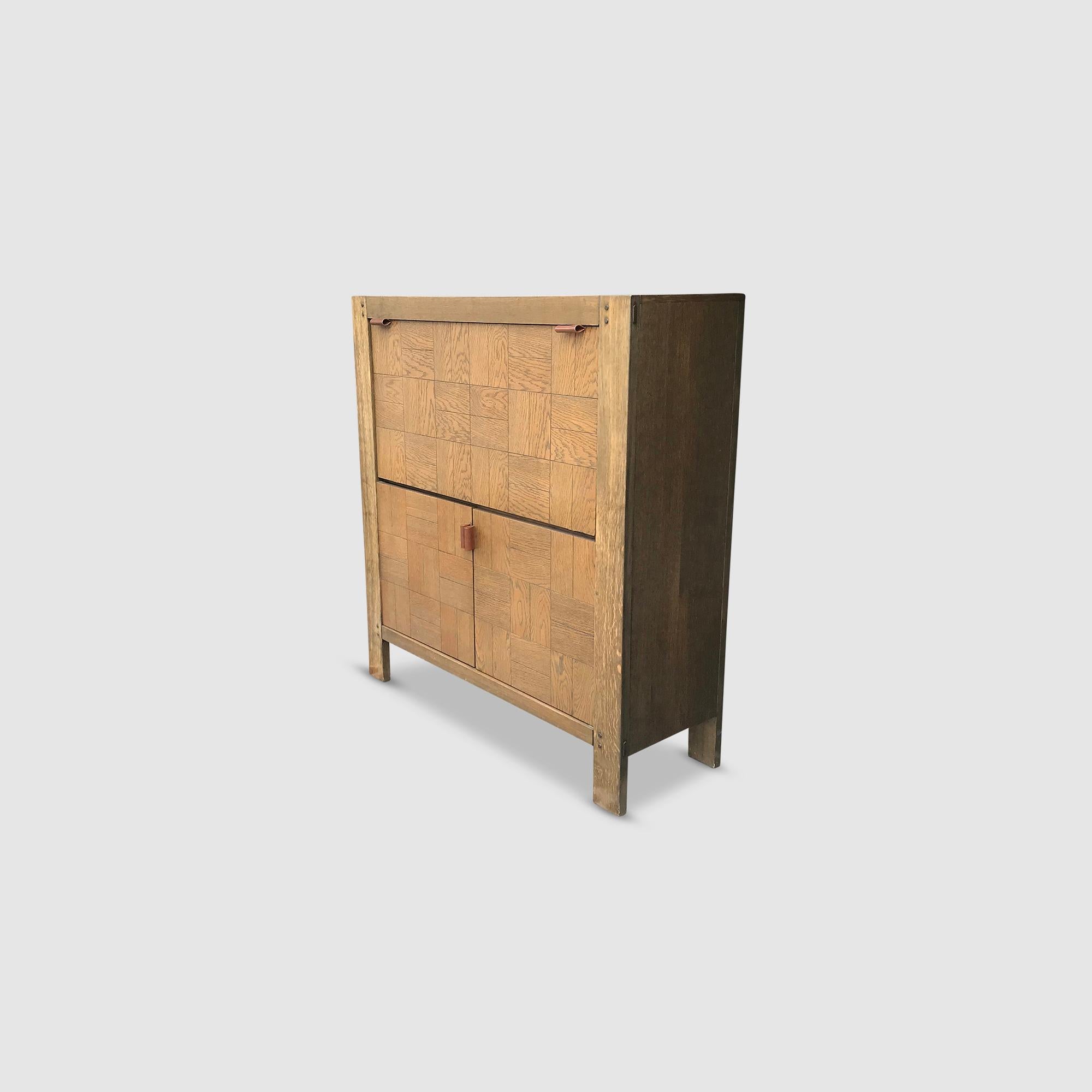 Oak Brutalist graphical oak highboard with bar cabinet Belgium 1970s For Sale