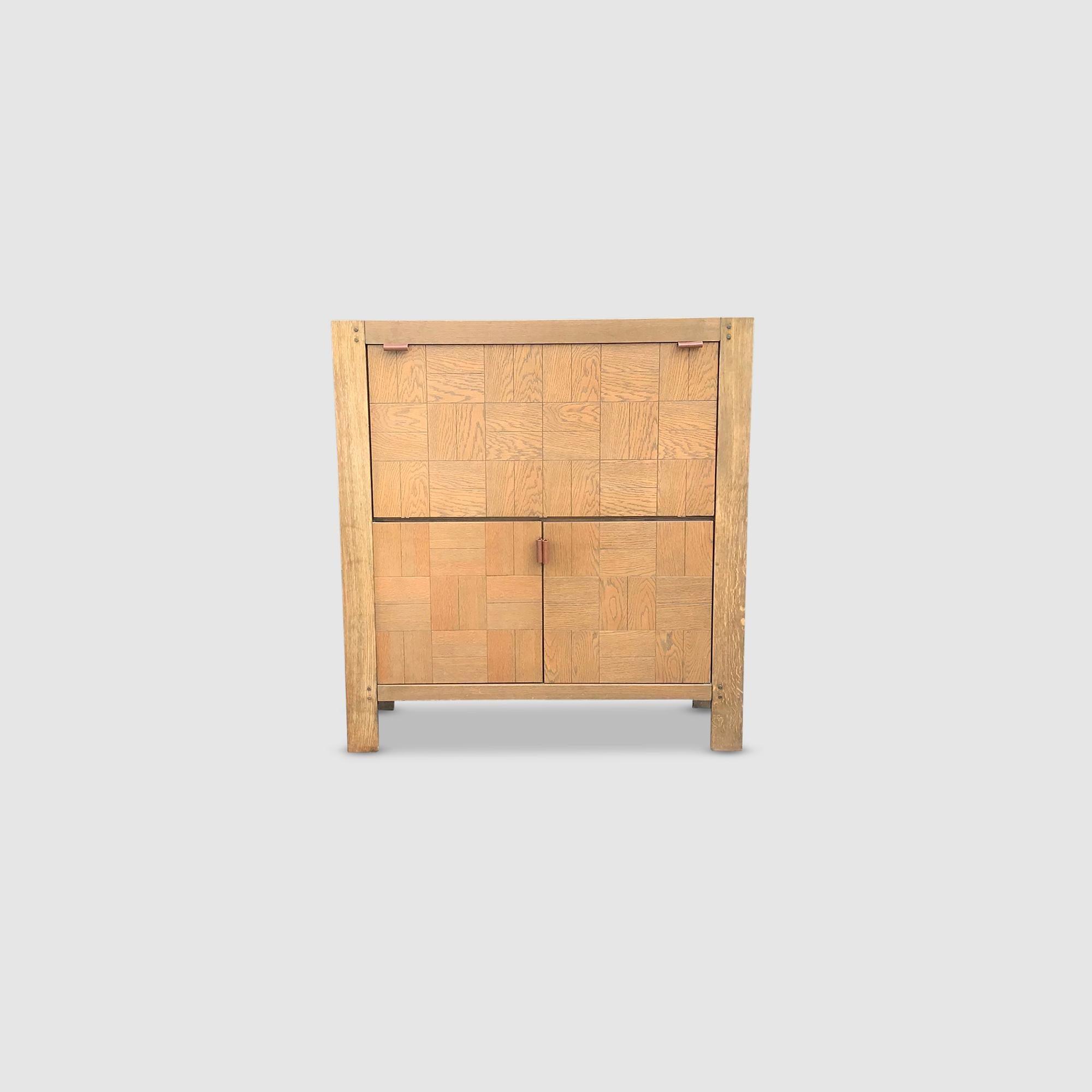 Brutalist graphical oak highboard with bar cabinet Belgium 1970s For Sale 1
