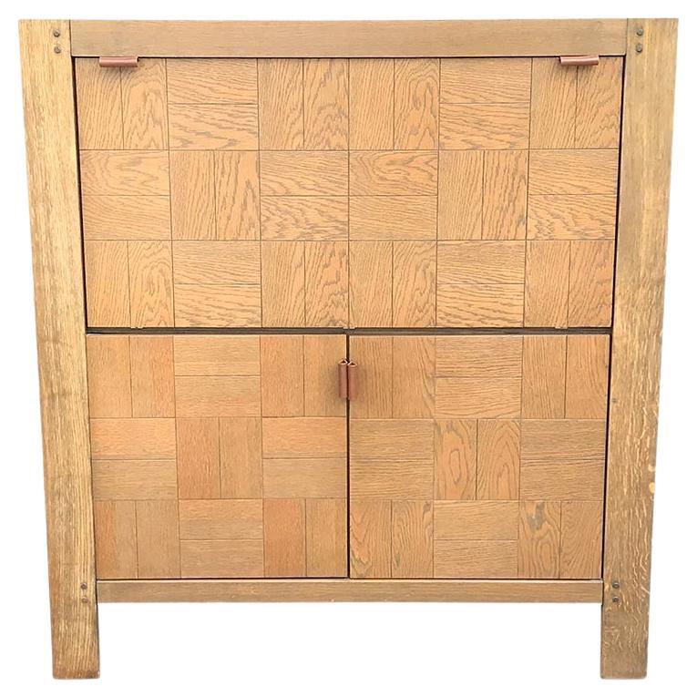 Brutalist graphical oak highboard with bar cabinet Belgium 1970s