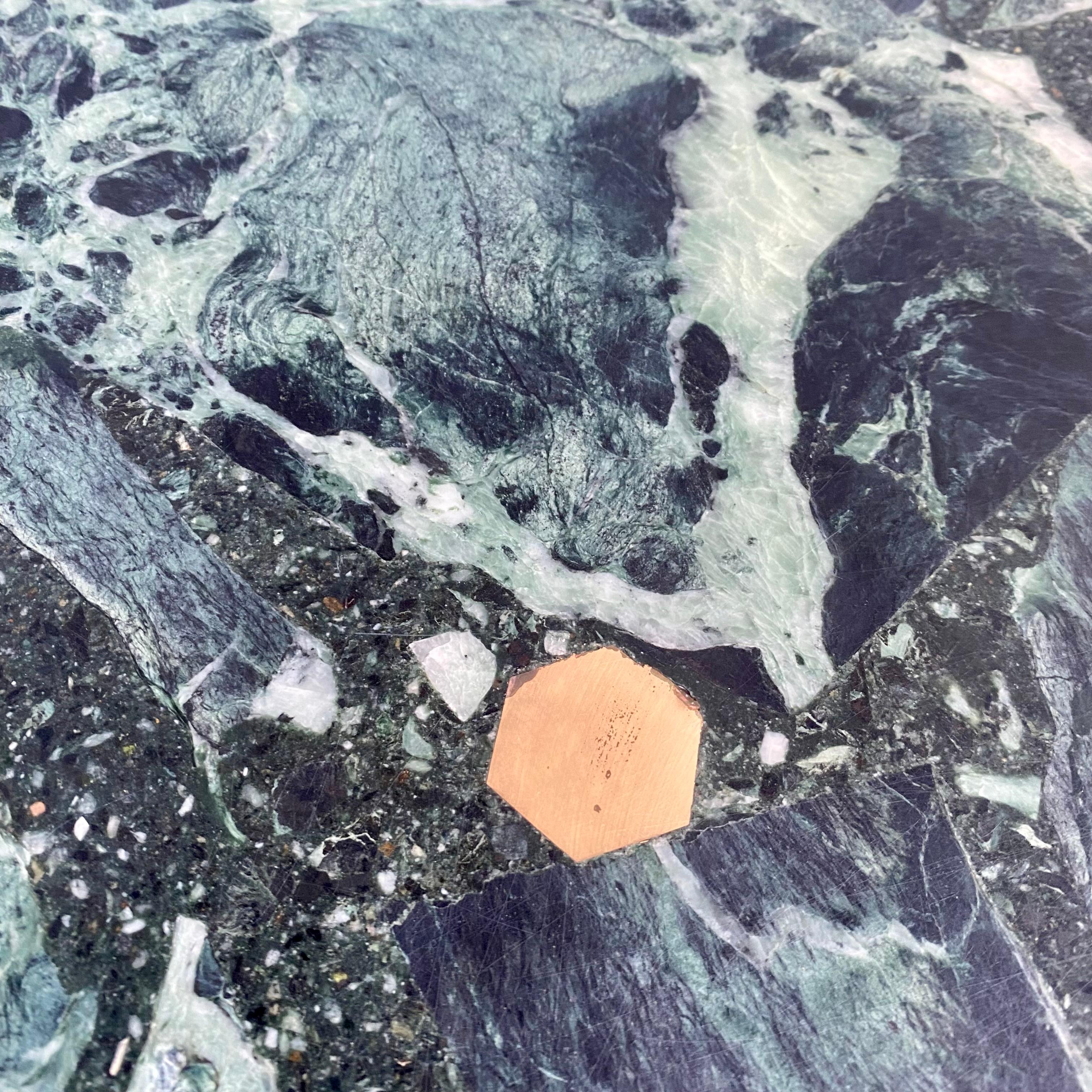 Brutalist Green Marble Brass Inlay Coffee Table by Fedam, 1980 For Sale