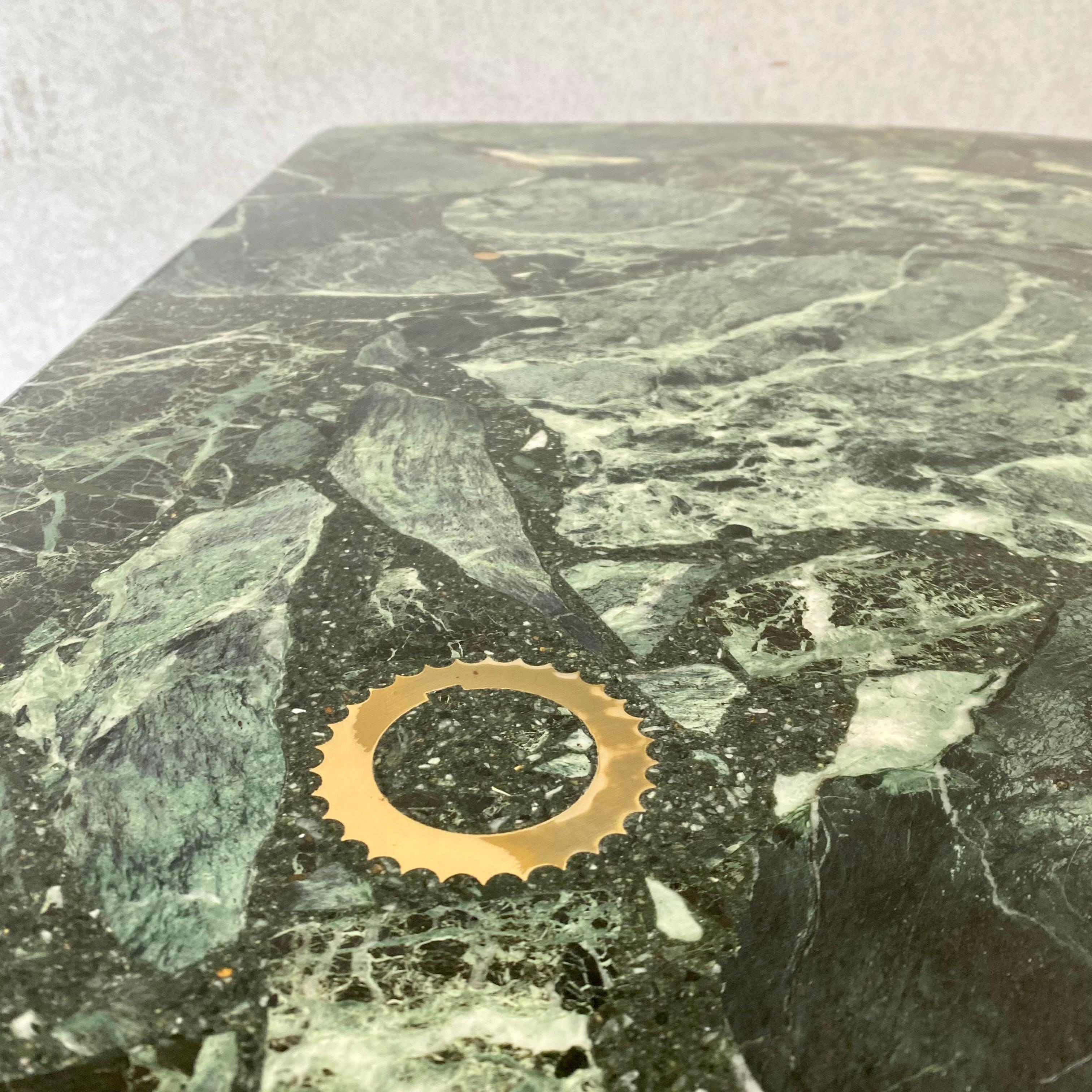 Brutalist Green Marble Brass Inlay Coffee Table by Fedam, 1980 For Sale