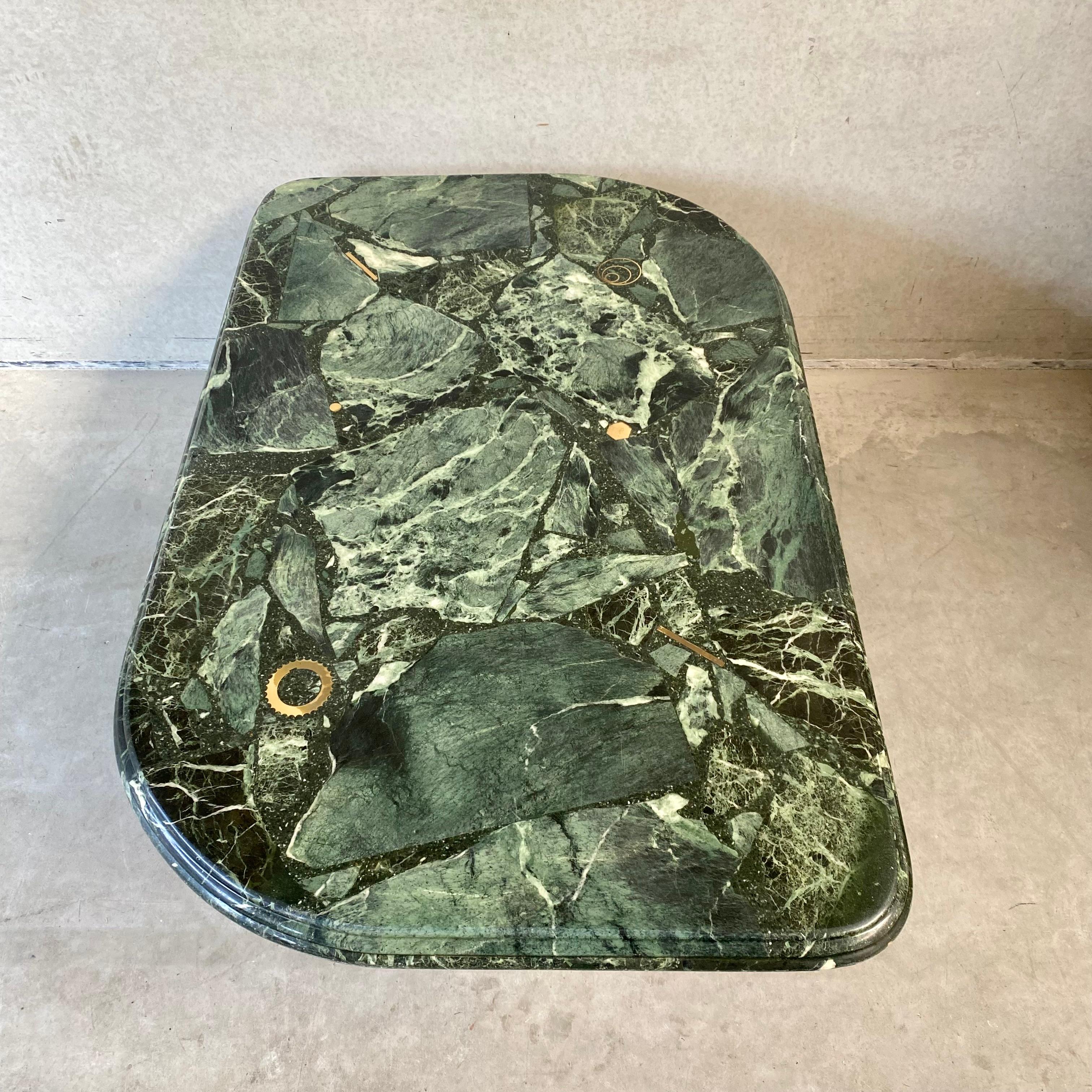 Brutalist Green Marble Brass Inlay Coffee Table by Fedam, 1980 For Sale