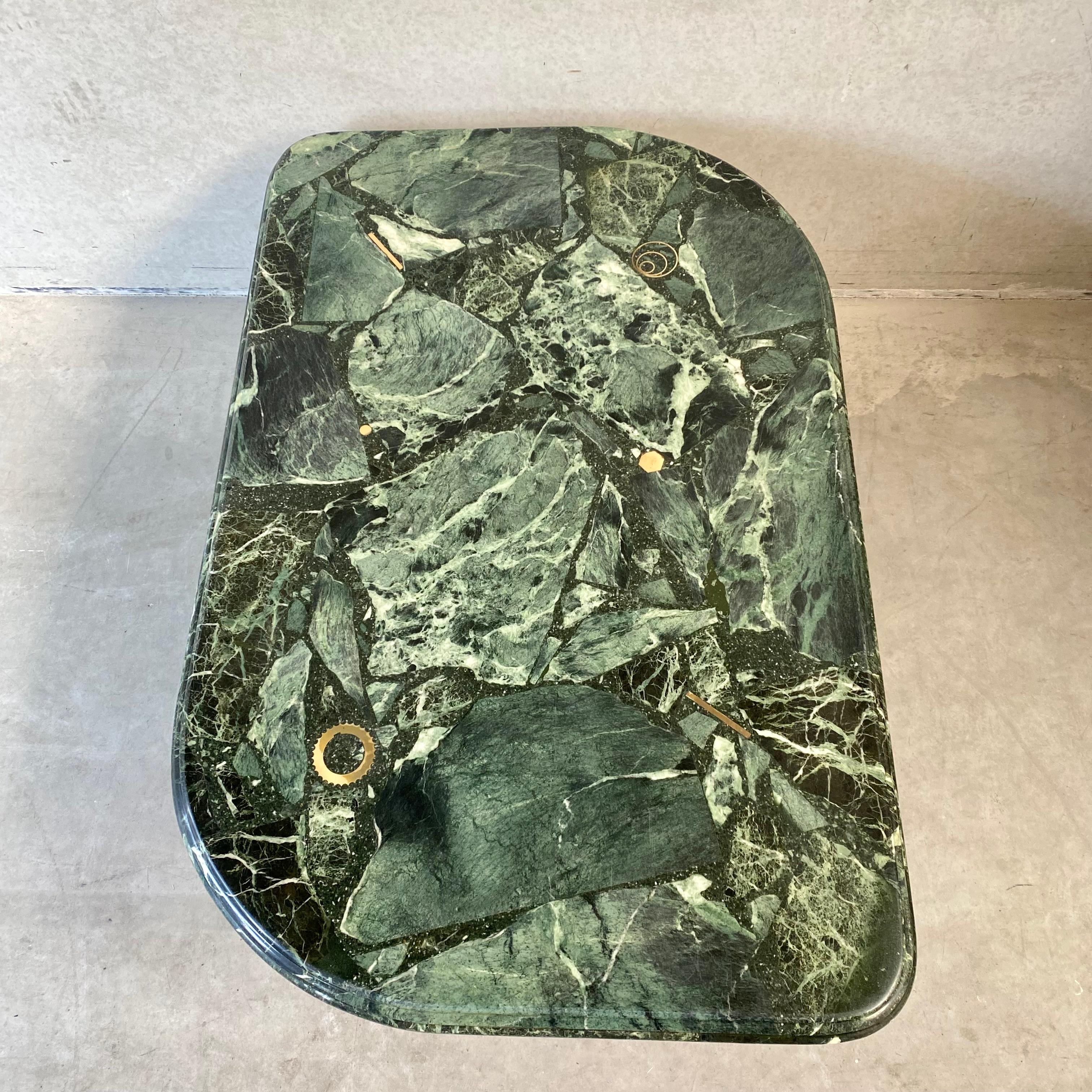 Mid-Century Modern Brutalist Green Marble Brass Inlay Coffee Table by Fedam, 1980
