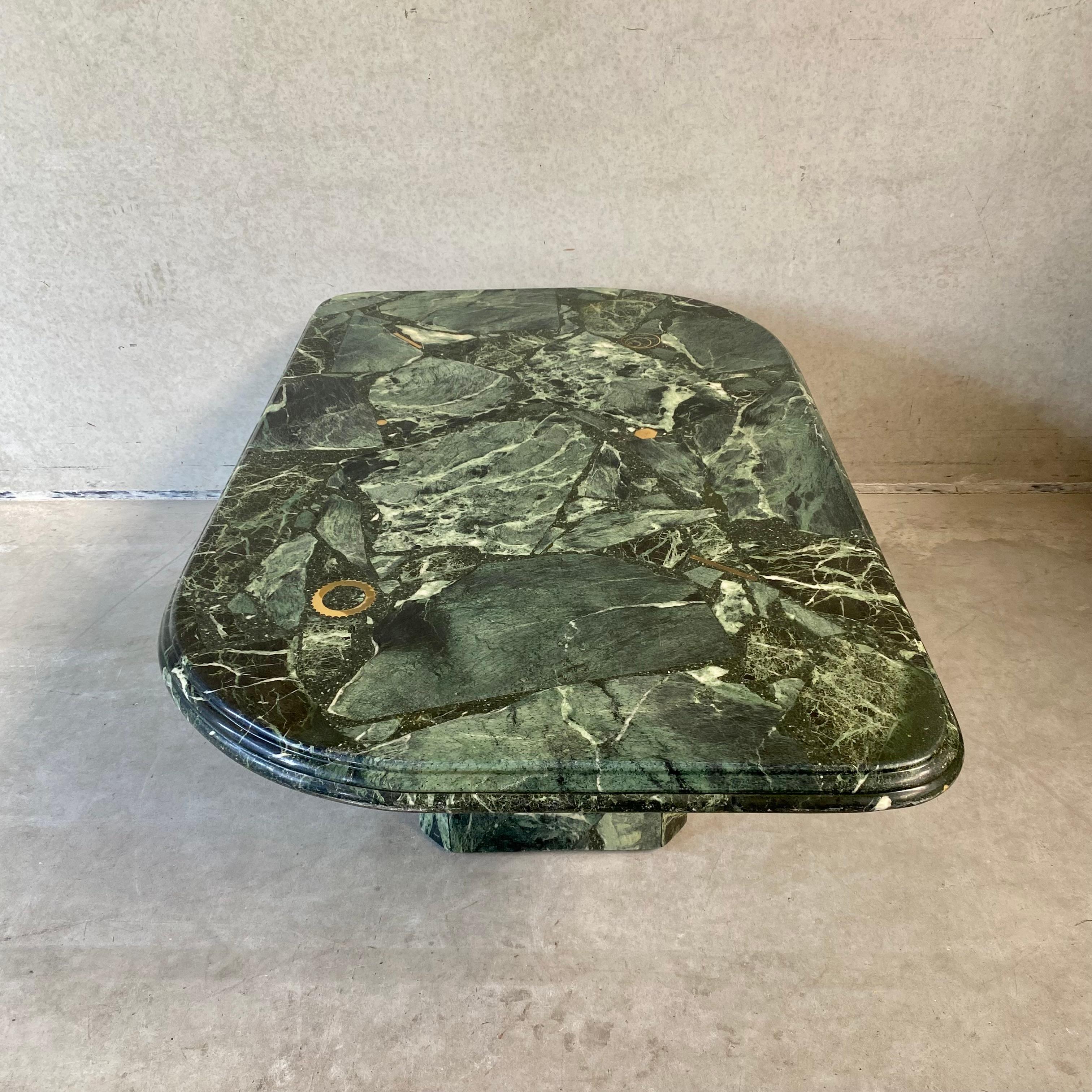 Brutalist Green Marble Brass Inlay Coffee Table by Fedam, 1980 For Sale