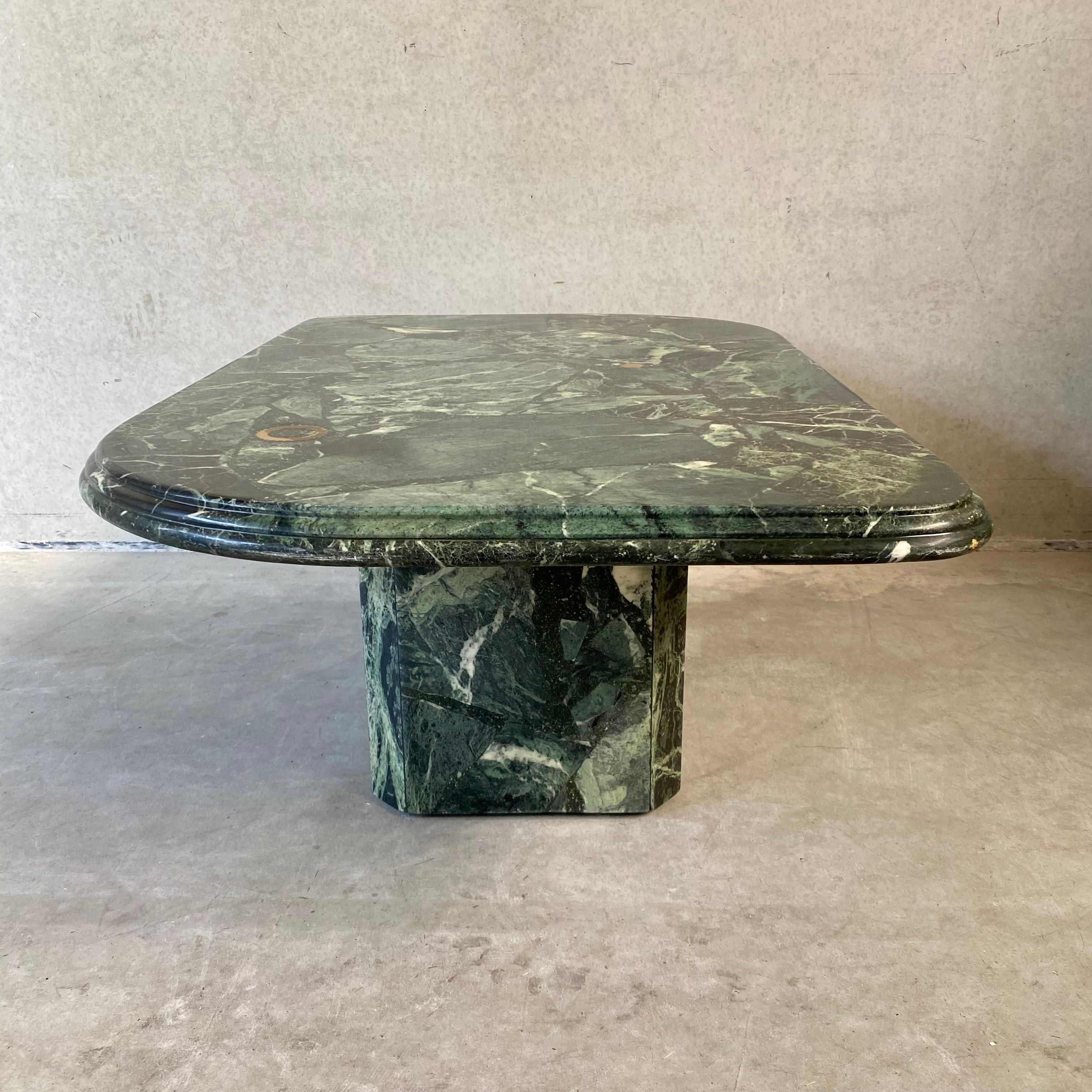 Brutalist Green Marble Brass Inlay Coffee Table by Fedam, 1980 1
