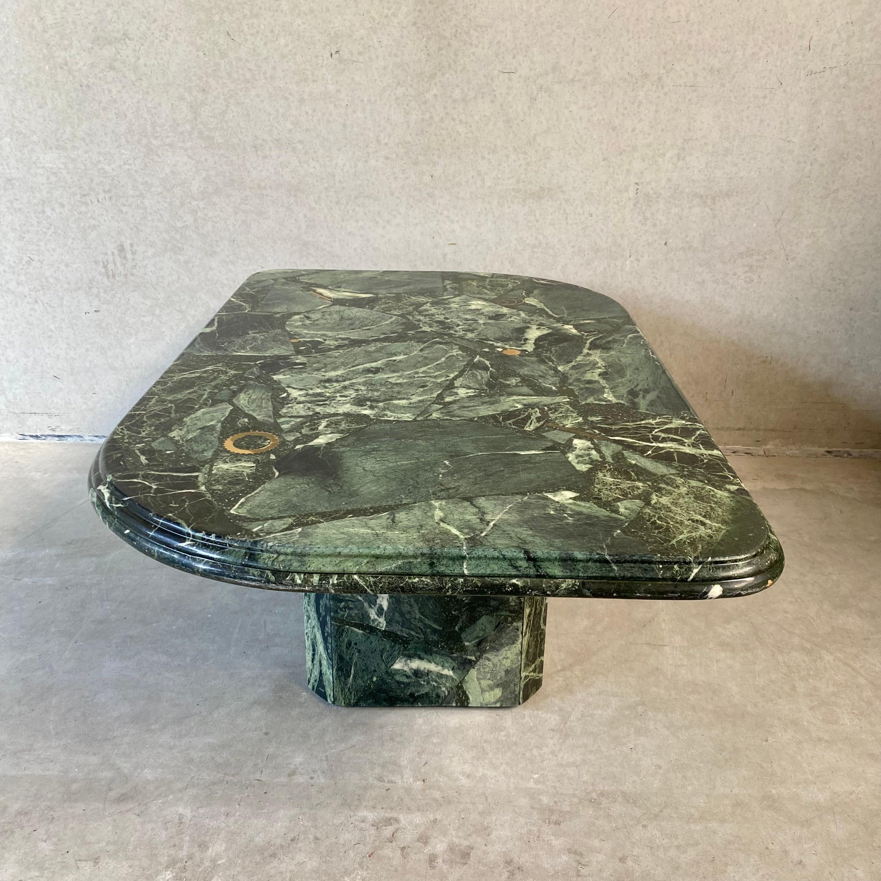 Brutalist Green Marble Brass Inlay Coffee Table by Fedam, 1980 3