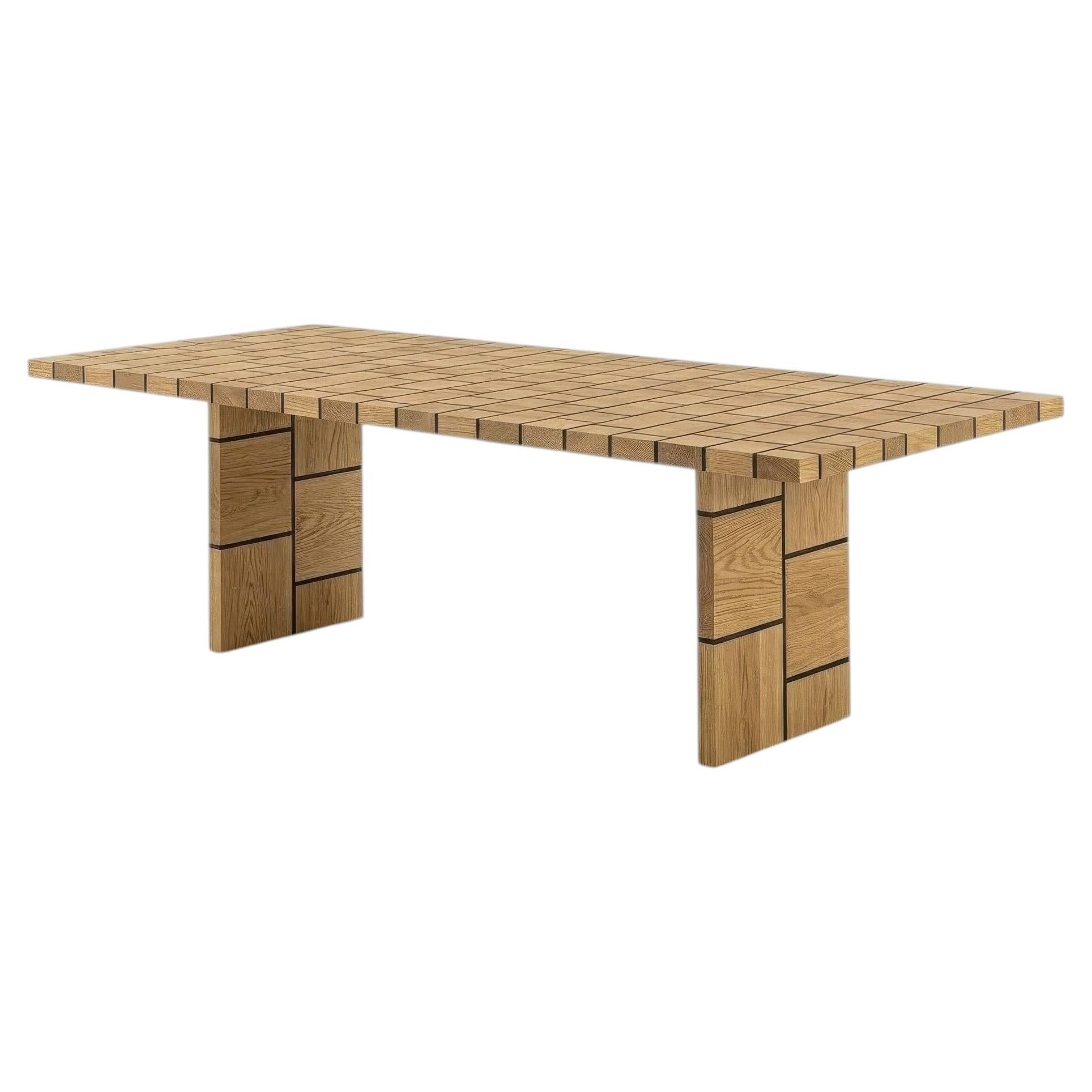 Brutalist Grid Dining Table in Solid Oak with Black Inlay