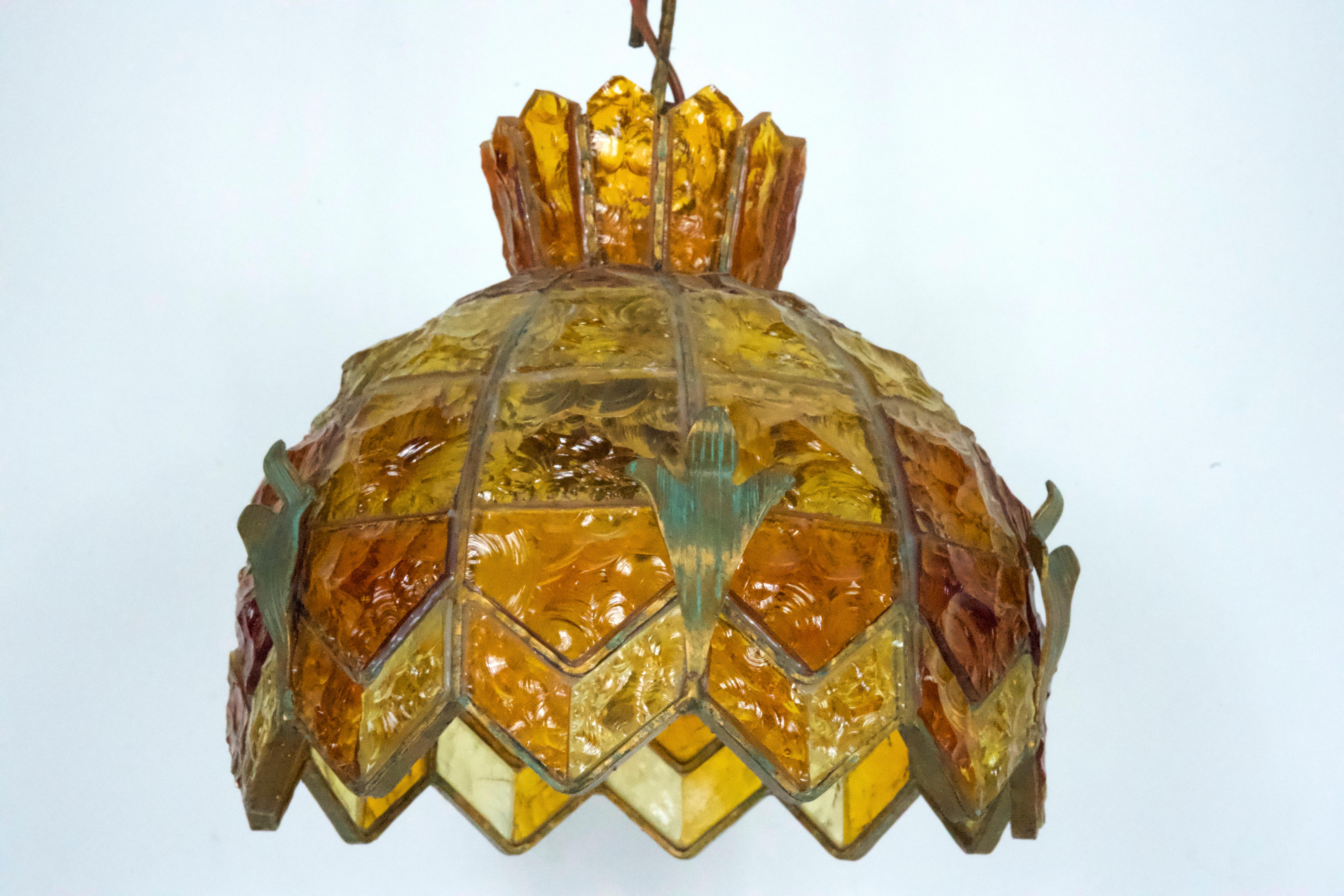 Italian Brutalist Hammered Glass Chandelier by Longobard, Italy, 1970s For Sale