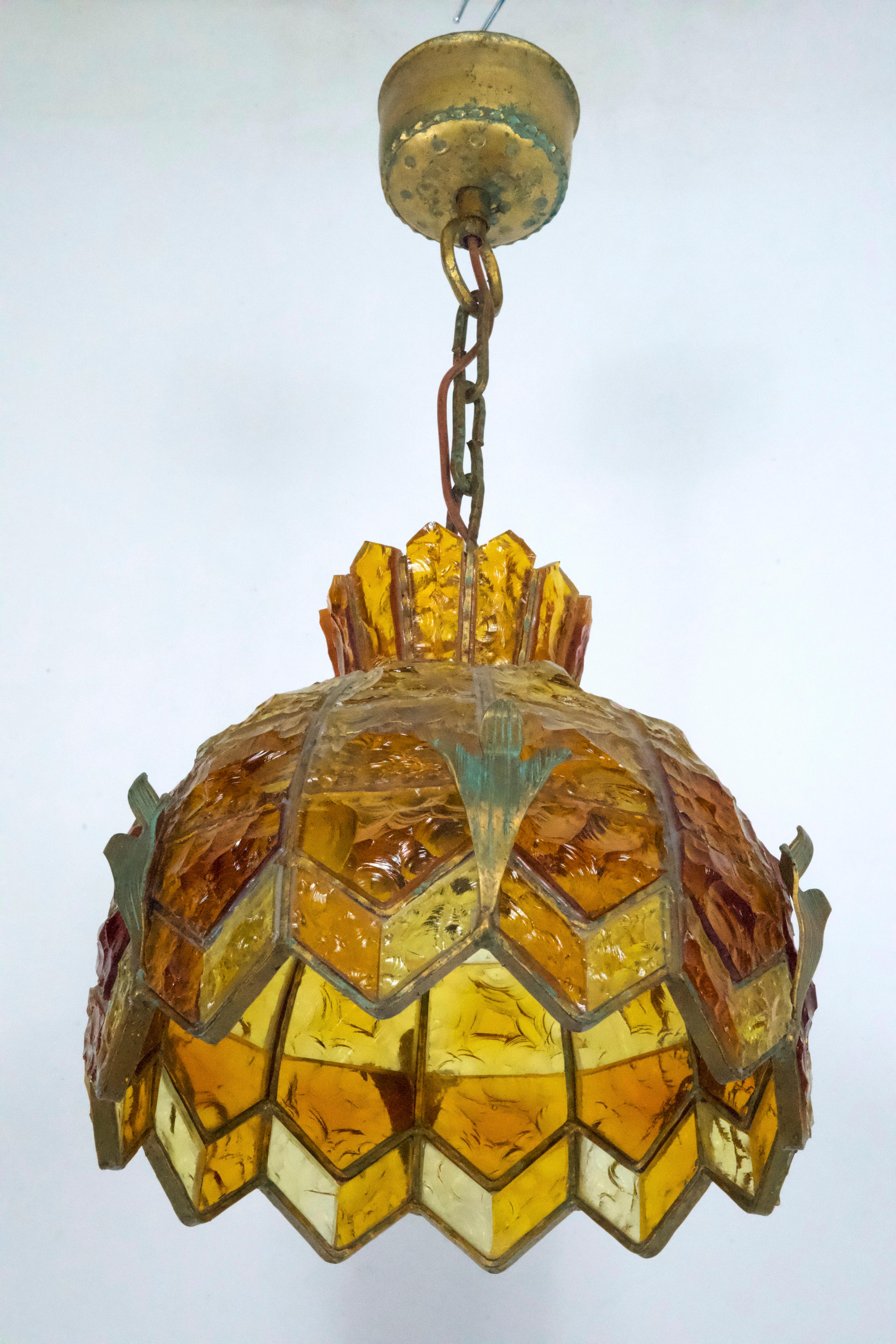 20th Century Brutalist Hammered Glass Chandelier by Longobard, Italy, 1970s For Sale